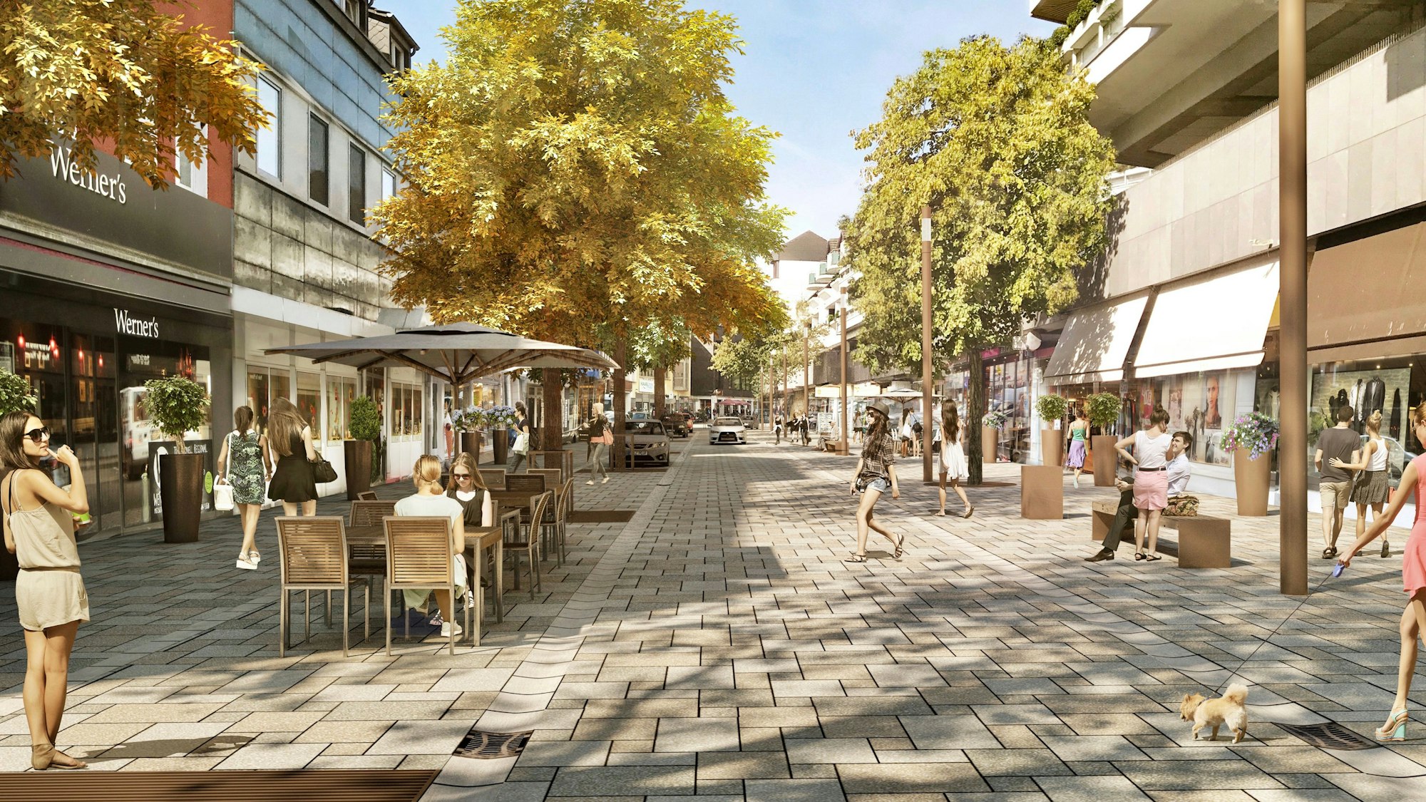 Eine Animation der Bensberger Schloßstraße zeigt, wie Menschen flanieren und in Gastro-Außenbereichen sitzen.
