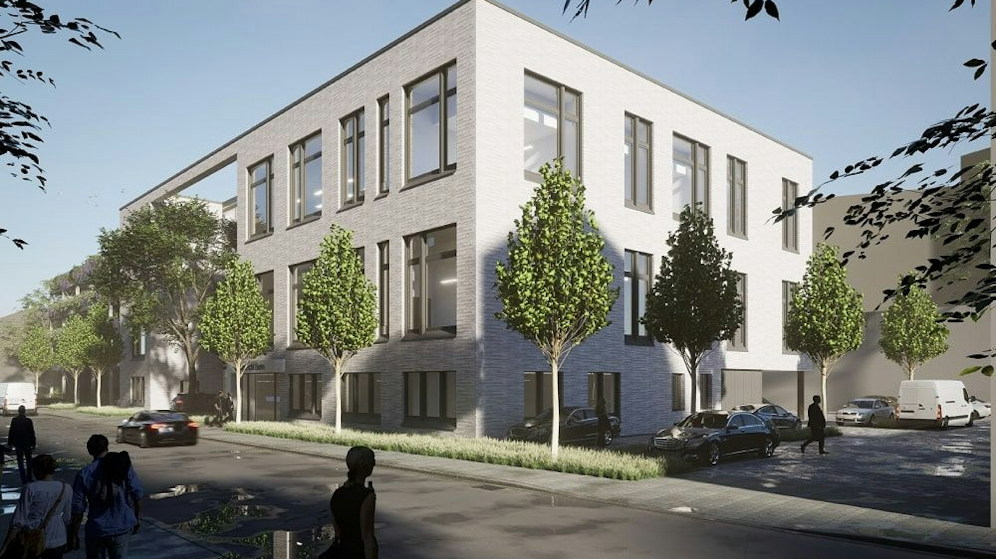 Ein Modell zeigt den Anbau für das Siegburger Amtsgericht. Vor dem Gebäude stehen Bäume.