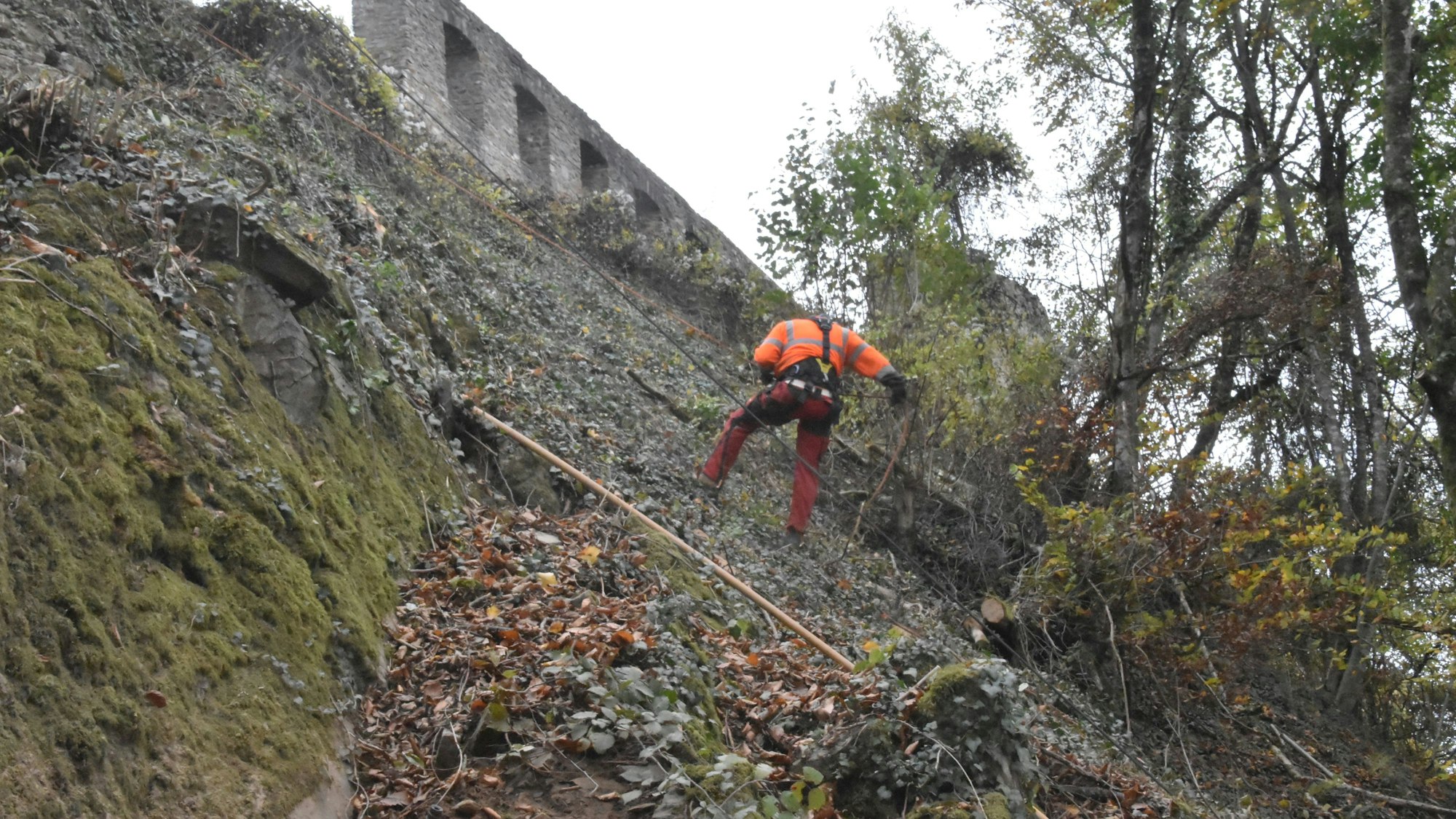 Uwe Horvath seilt sich ab unterhalb der Burgruine Windeck ab.