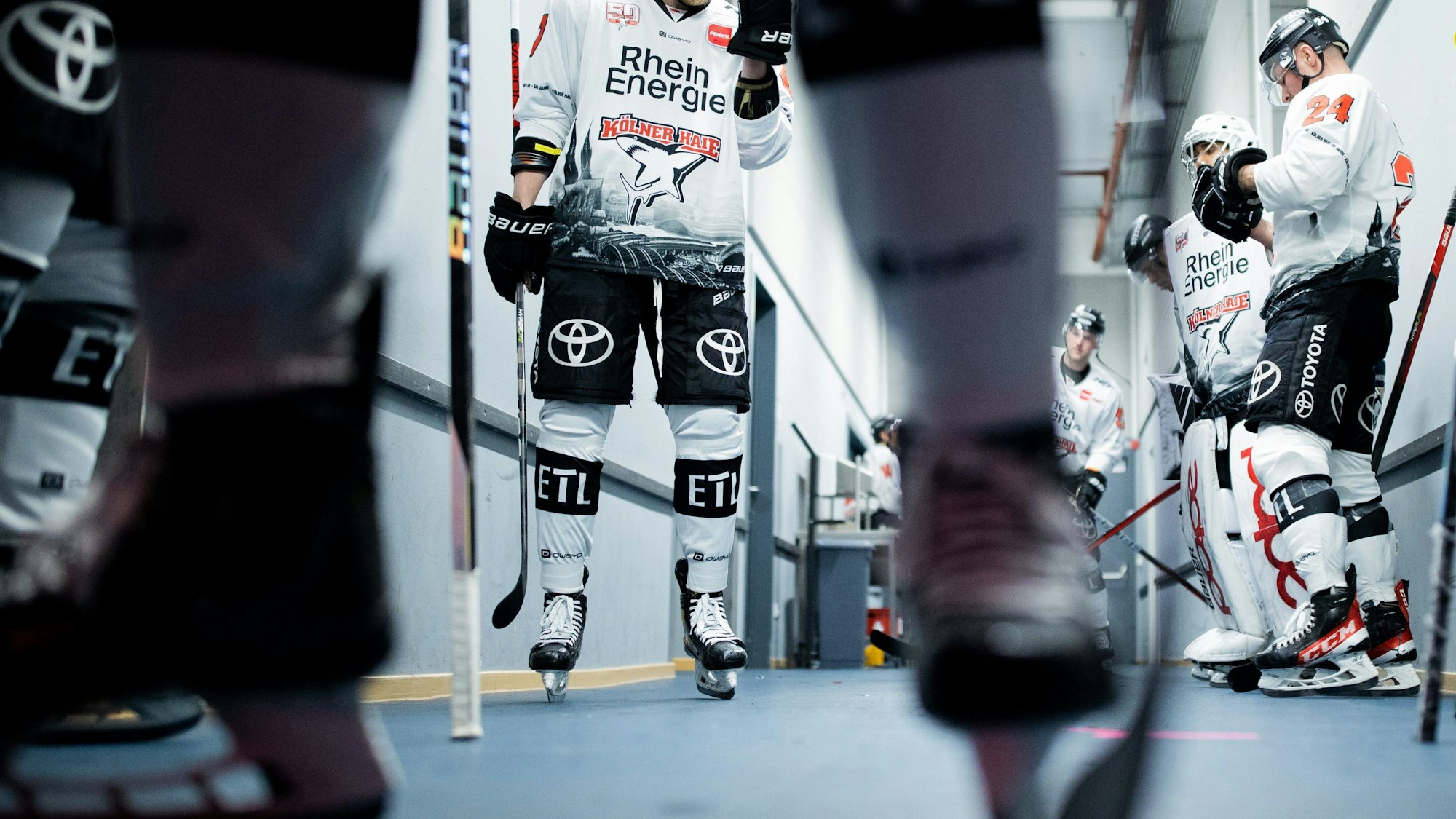 Kölner Haie in einem Flur.