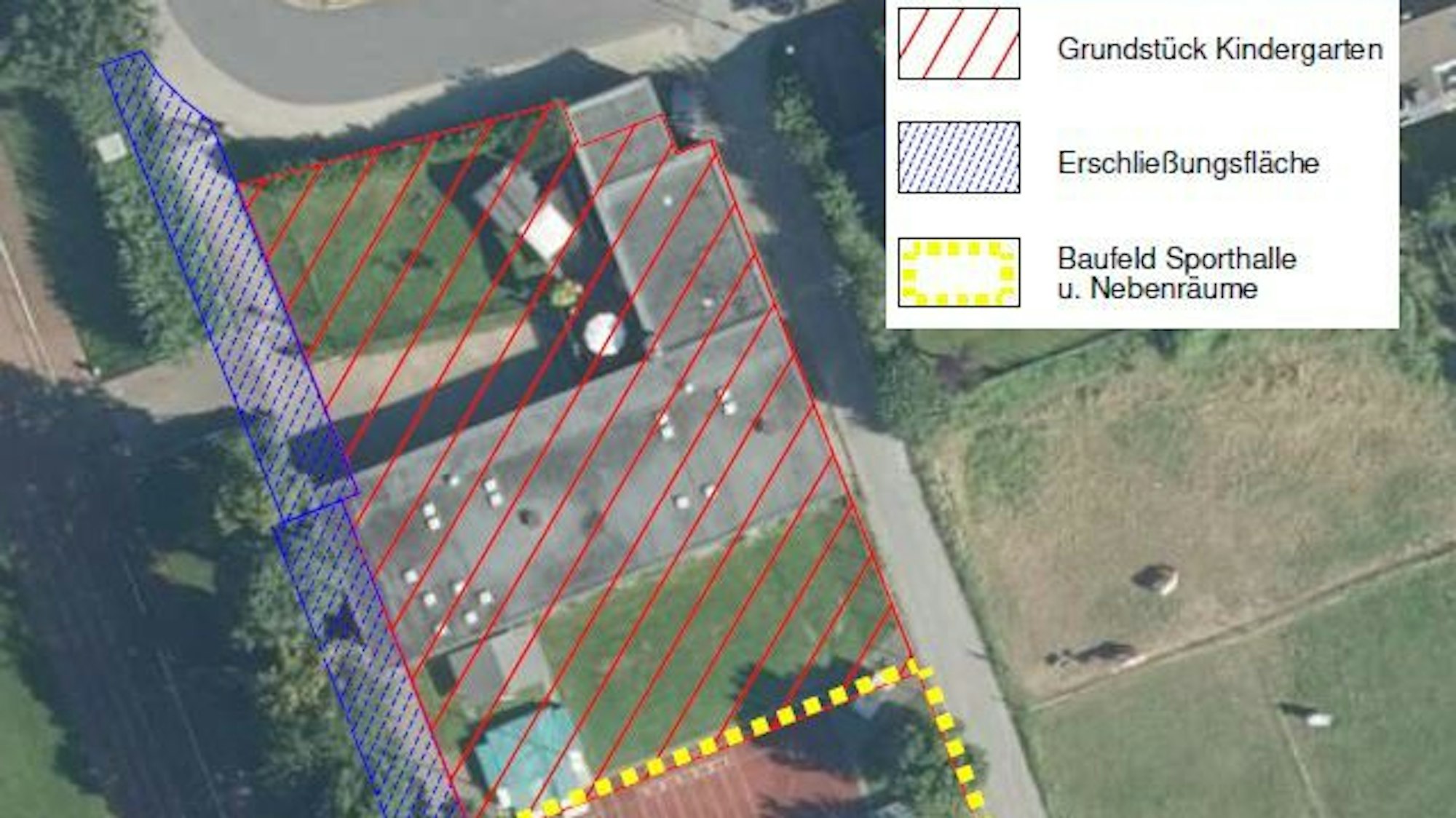 Flächen für den Neubau der Sporthalle und eines Kindergartens im Leichlinger Sportzentrum Balker Aue.