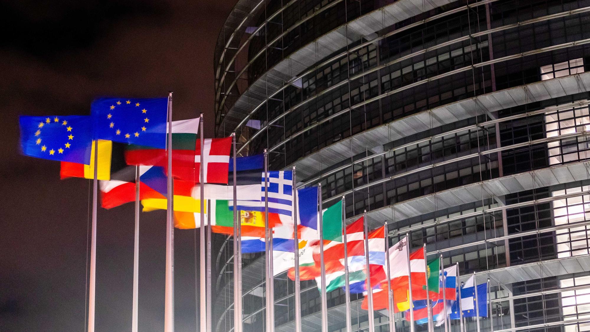 Die Flaggen der europäischen Mitgliedsstaaten wehen vor dem Gebäude des Europäischen Parlaments in Strasbourg