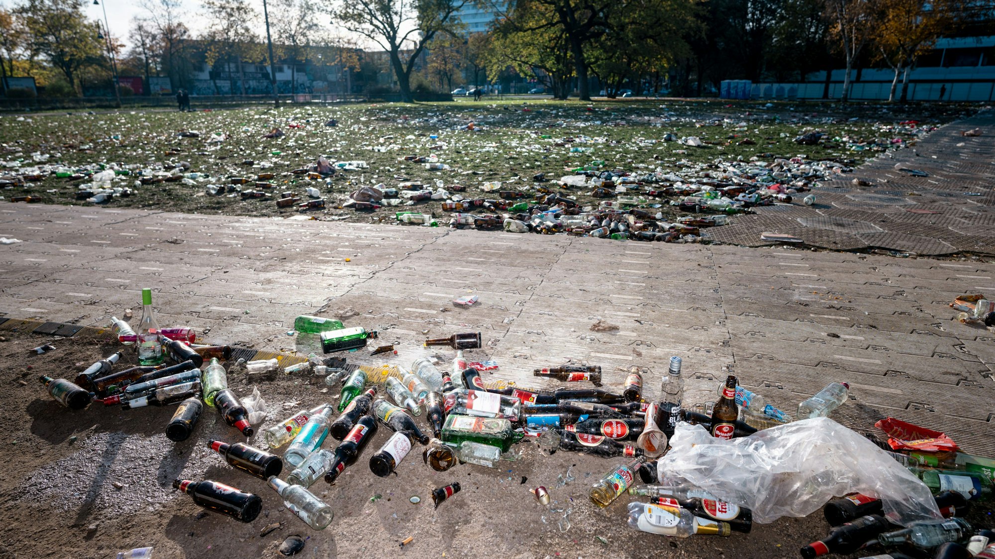 Die Uniwiesen sind am Morgen nach dem Elften im Elften übersäht von Flaschen, Glasscherben und Müll. Das Gras ist kaum noch zu erkennen.