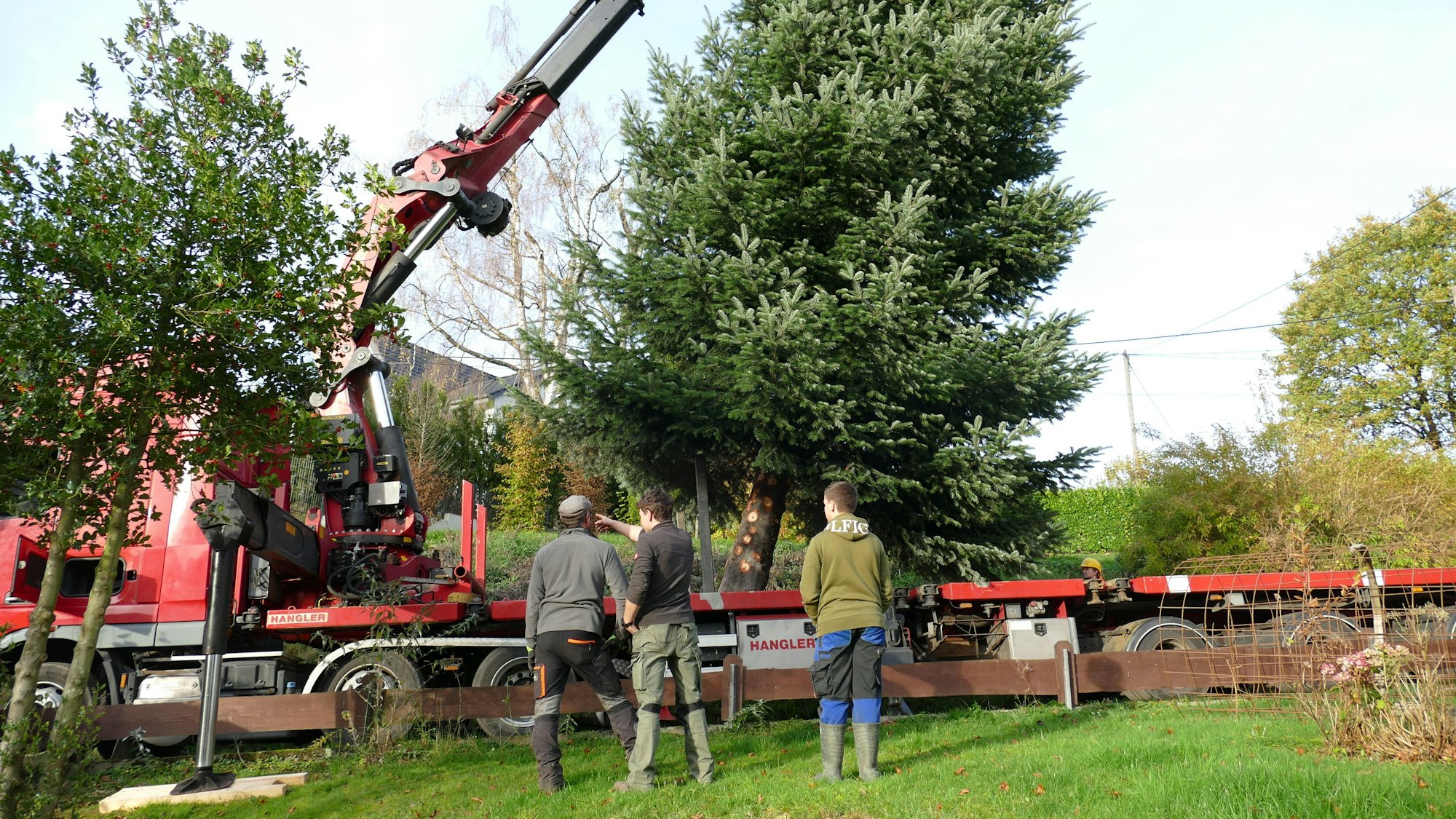 Die Tanne hängt am Kran eines Lkw. Drei Personen stehen davor.