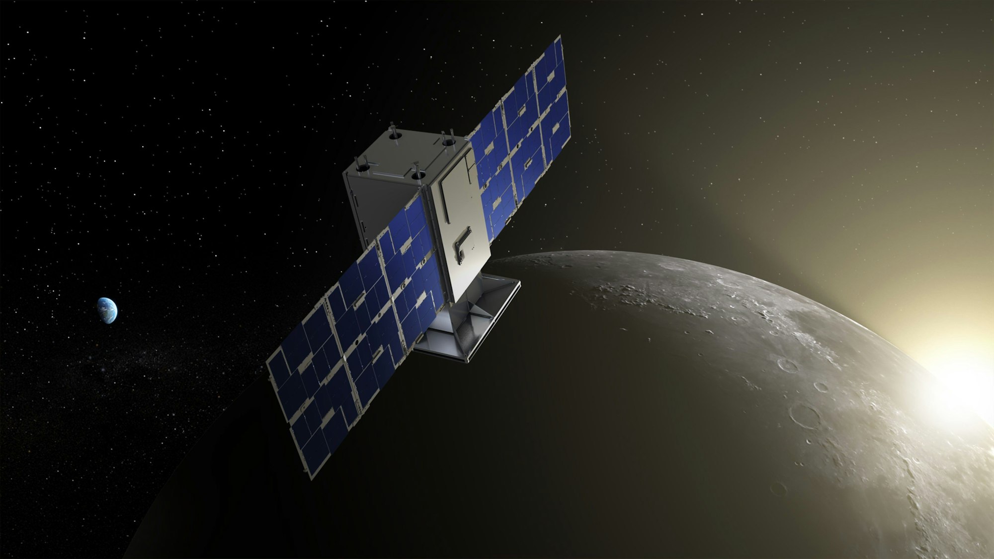 Die Illustration zeigt den Satelliten «Capstone» mit dem Mond im Hintergrund.