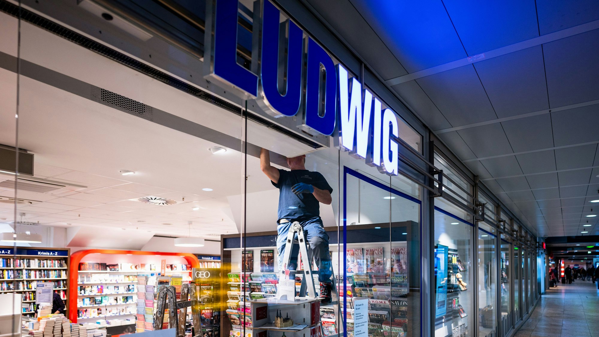 Ein Mann steht auf einer Leiter in der Buchhandlung Ludwig.