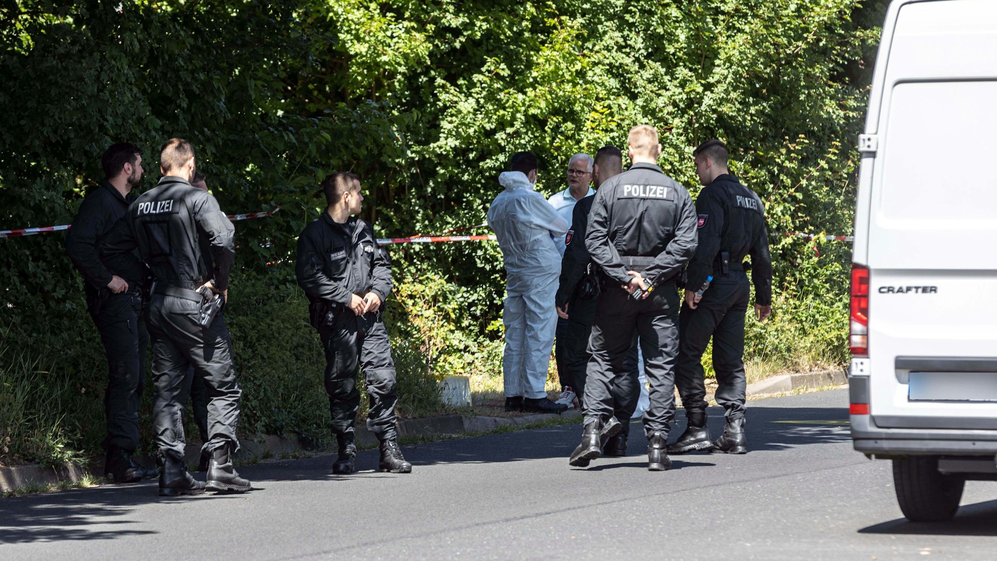 Einsatzkräfte der Polizei stehen an einem Waldrand in Salzgitter. Die Polizei hat bei der Suche nach einem 15 Jahre alten Mädchen in einer Grünanlage im niedersächsischen Salzgitter eine junge Frauenleiche gefunden.