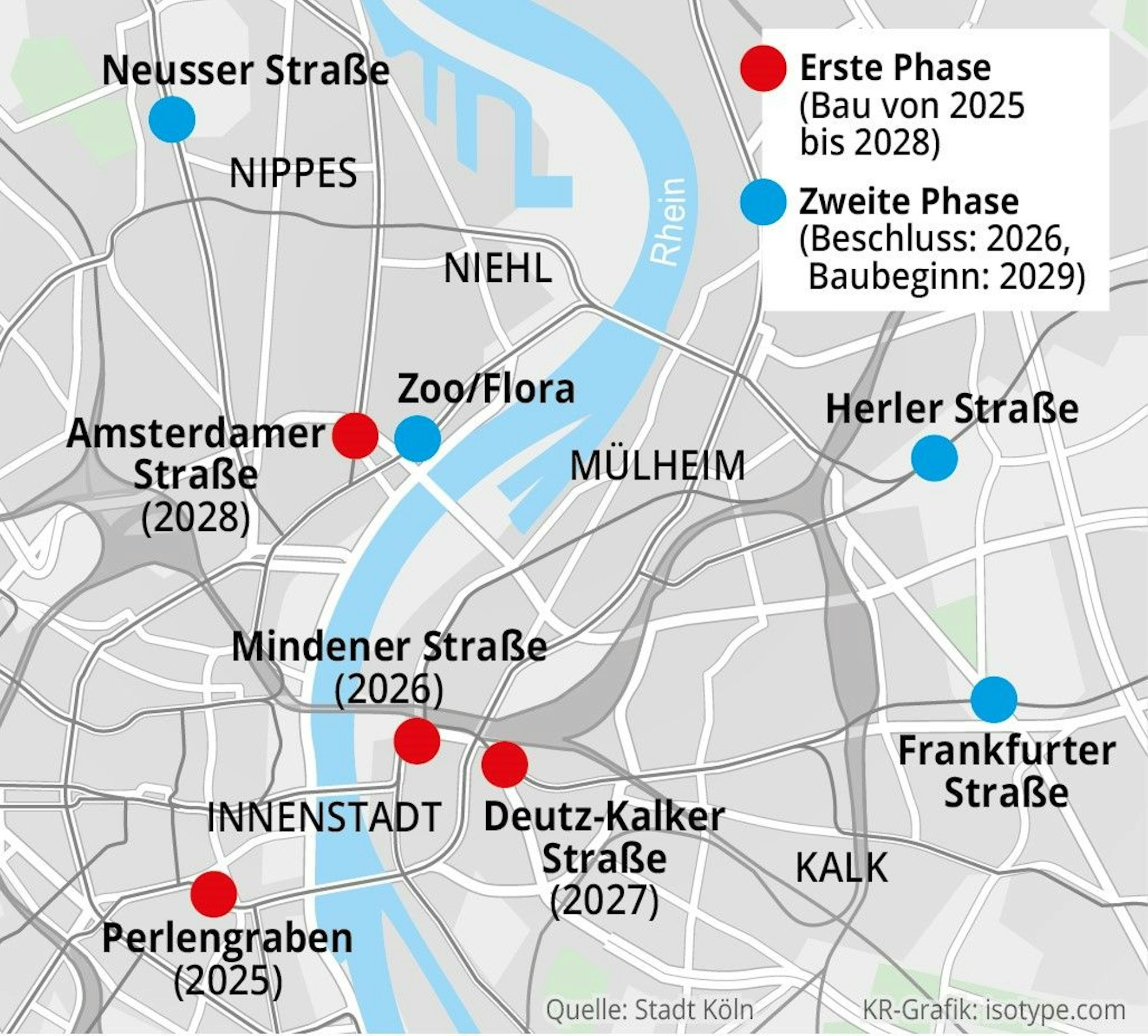 Die Grafik zeigt acht Tunneleinfahrten der Kölner U-Bahn, an denen Hochwasserschutztore eingebaut werden sollen.