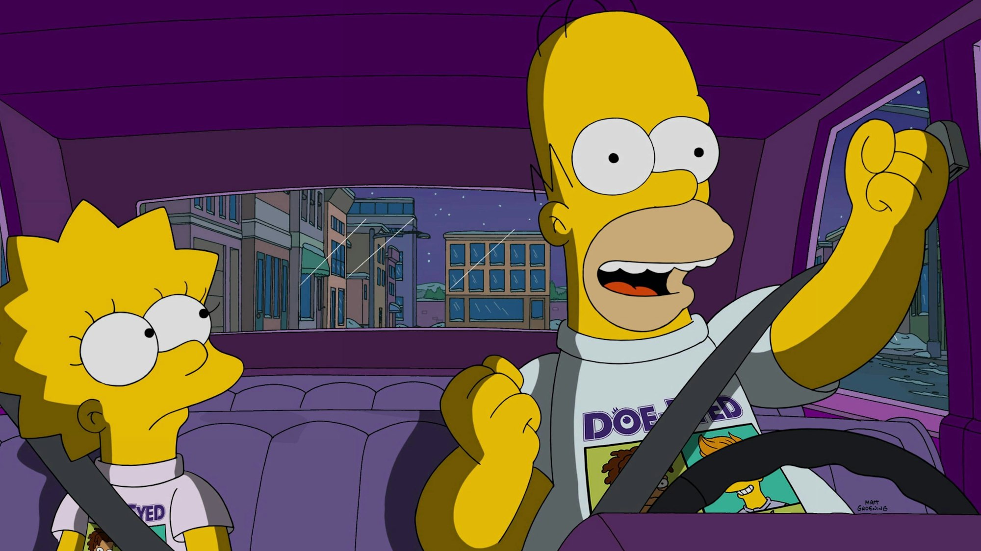 Auf einem Screenshot aus der Serie „Die Simpsons“ sind die Charaktere Homer und Lisa zu sehen, die in einem Auto sitzen.