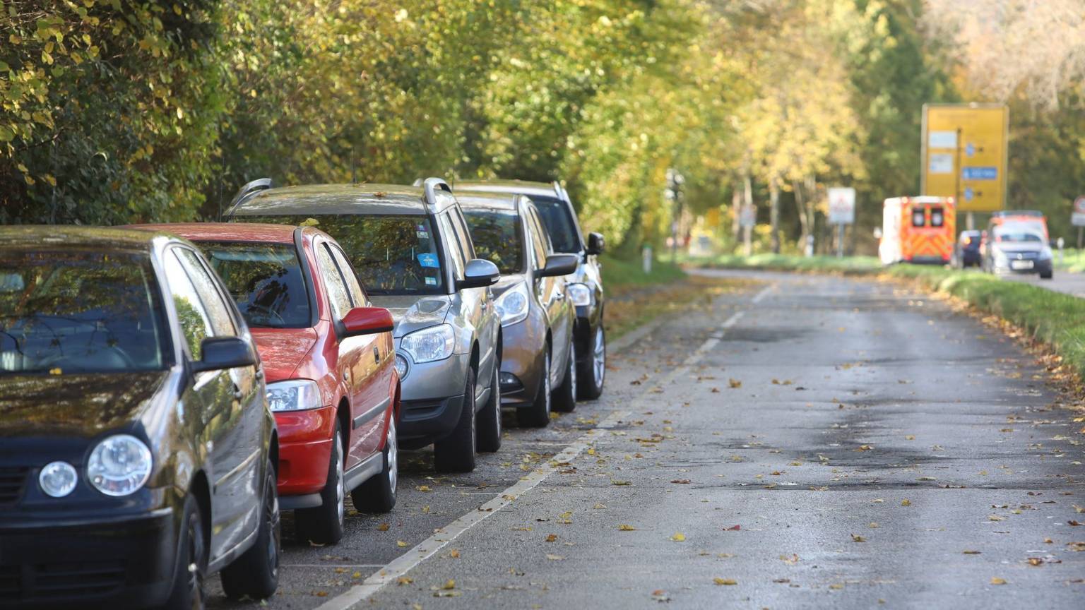 Parkende Autos stehen am Kutschenweg, der parallel zur Landstraße 331 verläuft.