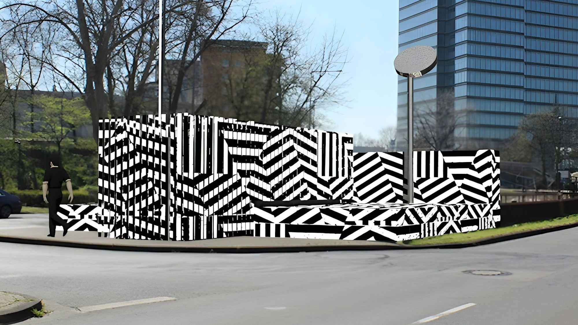 Die Visualisierung zeigt eine Geräteeinhausung mit schwarz-weißem Streifenmuster.