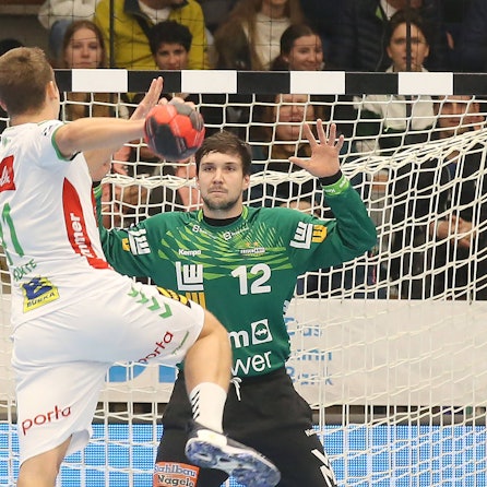 Ein Handballer wird einen Bal aufs Tor, in dem Daniel Rebmann mit grünem Trikot steht.