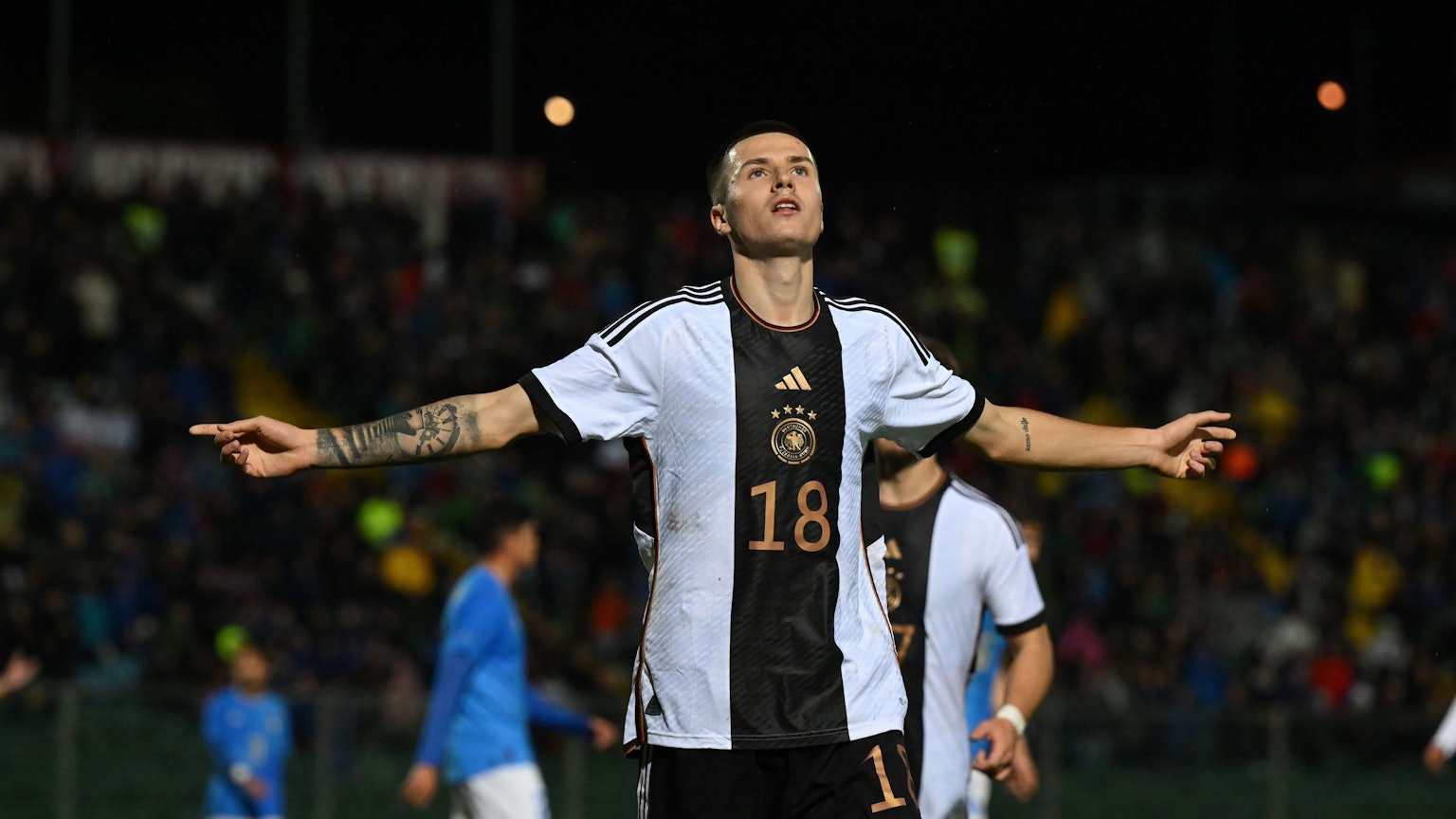 19.11.2022, Italien, Ancona: Fußball, U21 Männer: Länderspiele, Italien - Deutschland, Denis Huseinbasic von Deutschland jubelt über einen Treffer. Foto: Italy Photo Press/IPP/dpa +++ dpa-Bildfunk +++