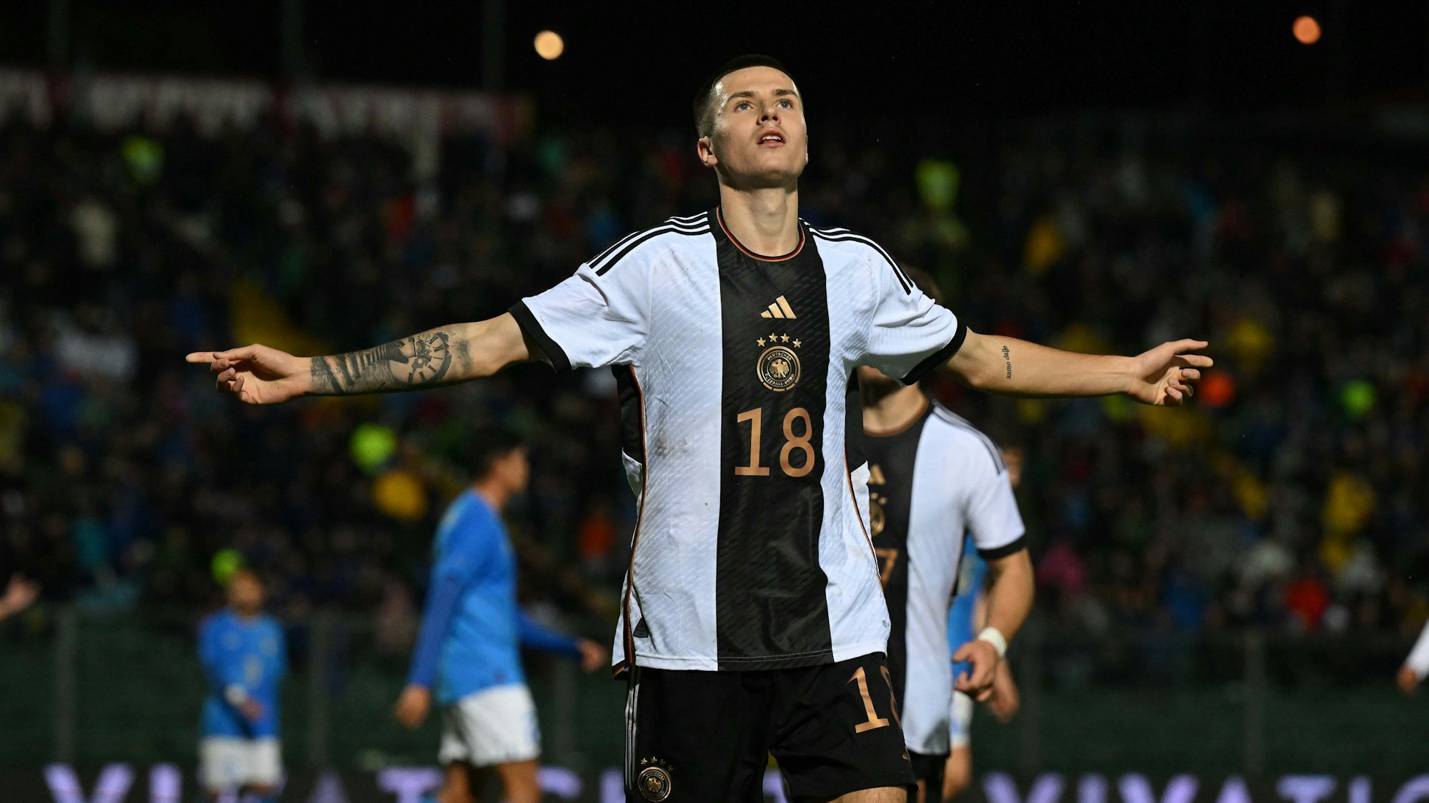 19.11.2022, Italien, Ancona: Fußball, U21 Männer: Länderspiele, Italien - Deutschland, Denis Huseinbasic von Deutschland jubelt über einen Treffer. Foto: Italy Photo Press/IPP/dpa +++ dpa-Bildfunk +++