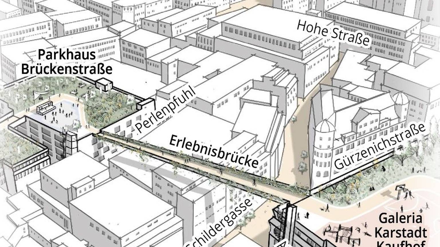 Eine Visualisierung zeigt einen Entwurf von Studierenden der TH Köln für einen Dachgarten an der Schildergasse.