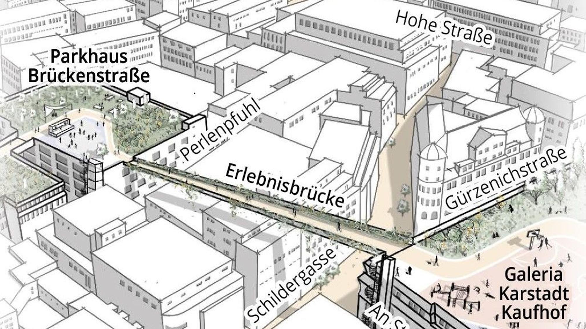 Eine Visualisierung zeigt einen Entwurf von Studierenden der TH Köln für einen Dachgarten an der Schildergasse.