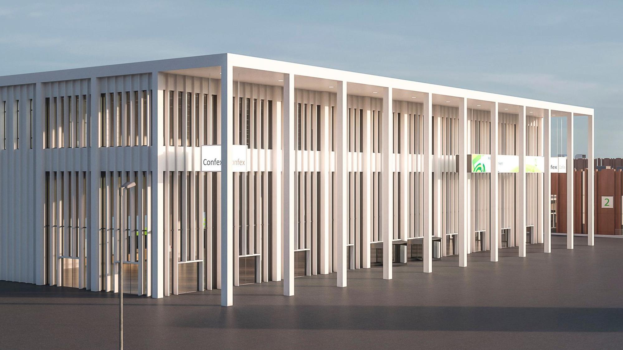 Auf der Visualisiserung ist der weiße, lamellenartige Neubau mit einem Vordach zu sehen, in dem eines Tages das neue Konferenz-Center Confex an der Koelnmesse sein wird.