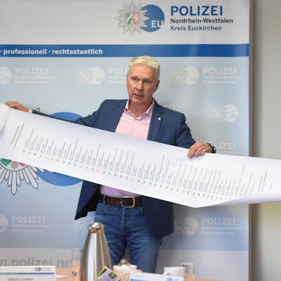 Koordinator Wolfgangt Wendelmann zeigt bei der Präsentation des NRW-Projekts „Kurve kriegen“ in der Euskirchener Polizeiwache mit einem meterlangen Ausdruck den Lebenslauf eines anonymisierten Intensivtäters.