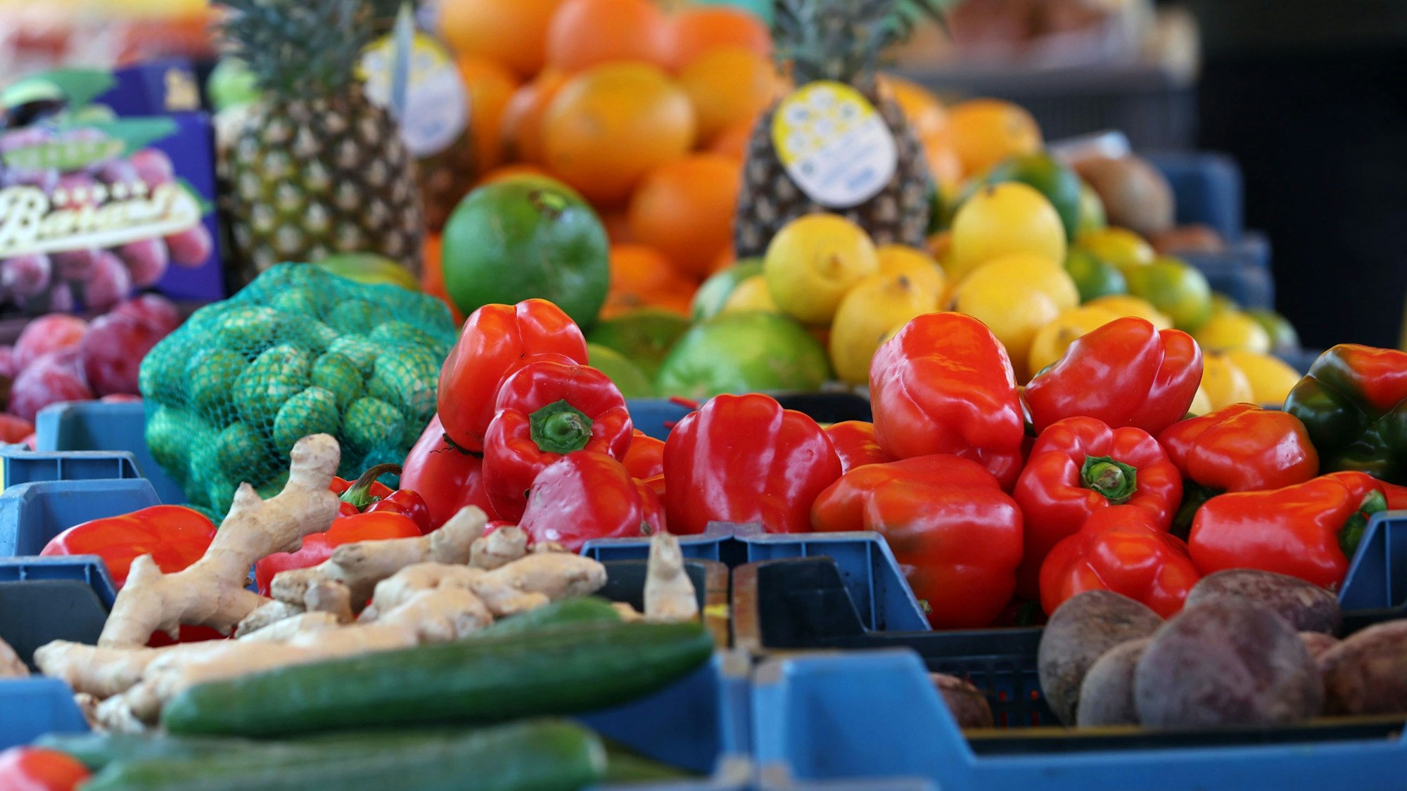 Mecklenburg-Vorpommern, Neustrelitz: Obst und Gemüse liegt auf einem Verkaufsstand auf dem Wochenmarkt.