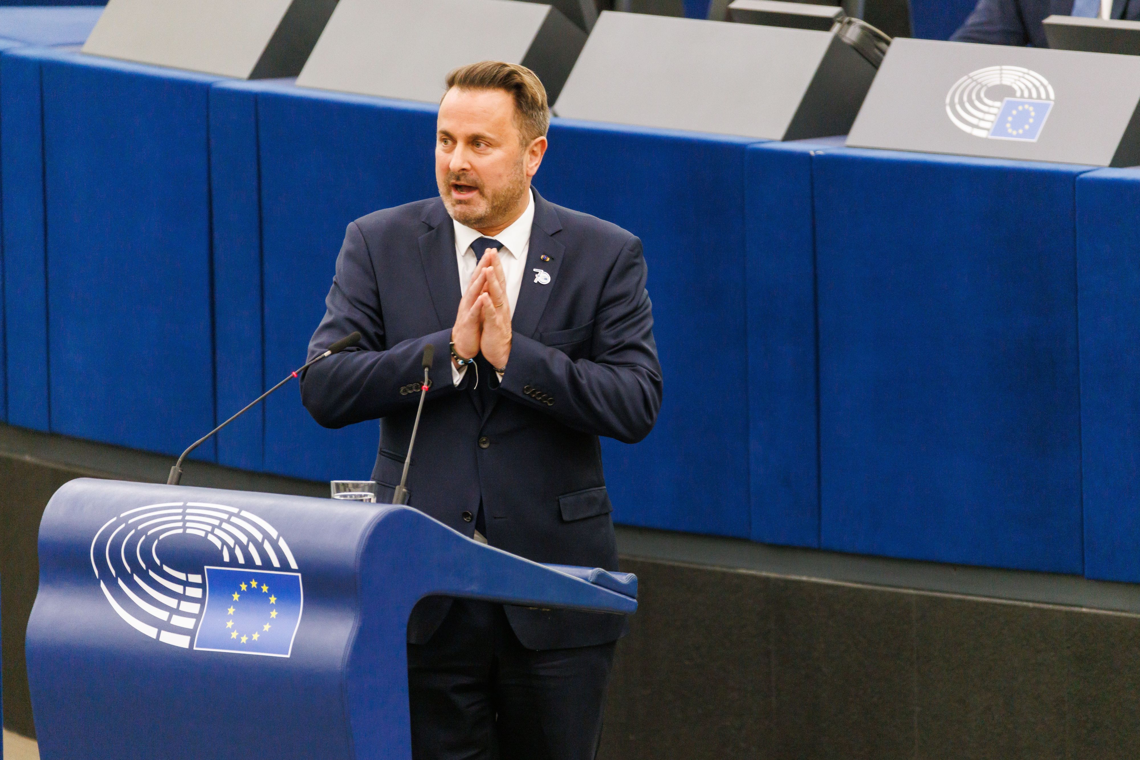 Xavier Bettel (DP), Premierminister des Großherzogtums Luxemburg, spricht während der Feierlichkeiten zum 70-jährigen Bestehen des Europäischen Parlaments. Das Europäische Parlament feiert mit einem Festakt 70 Jahre gelebte Demokratie.