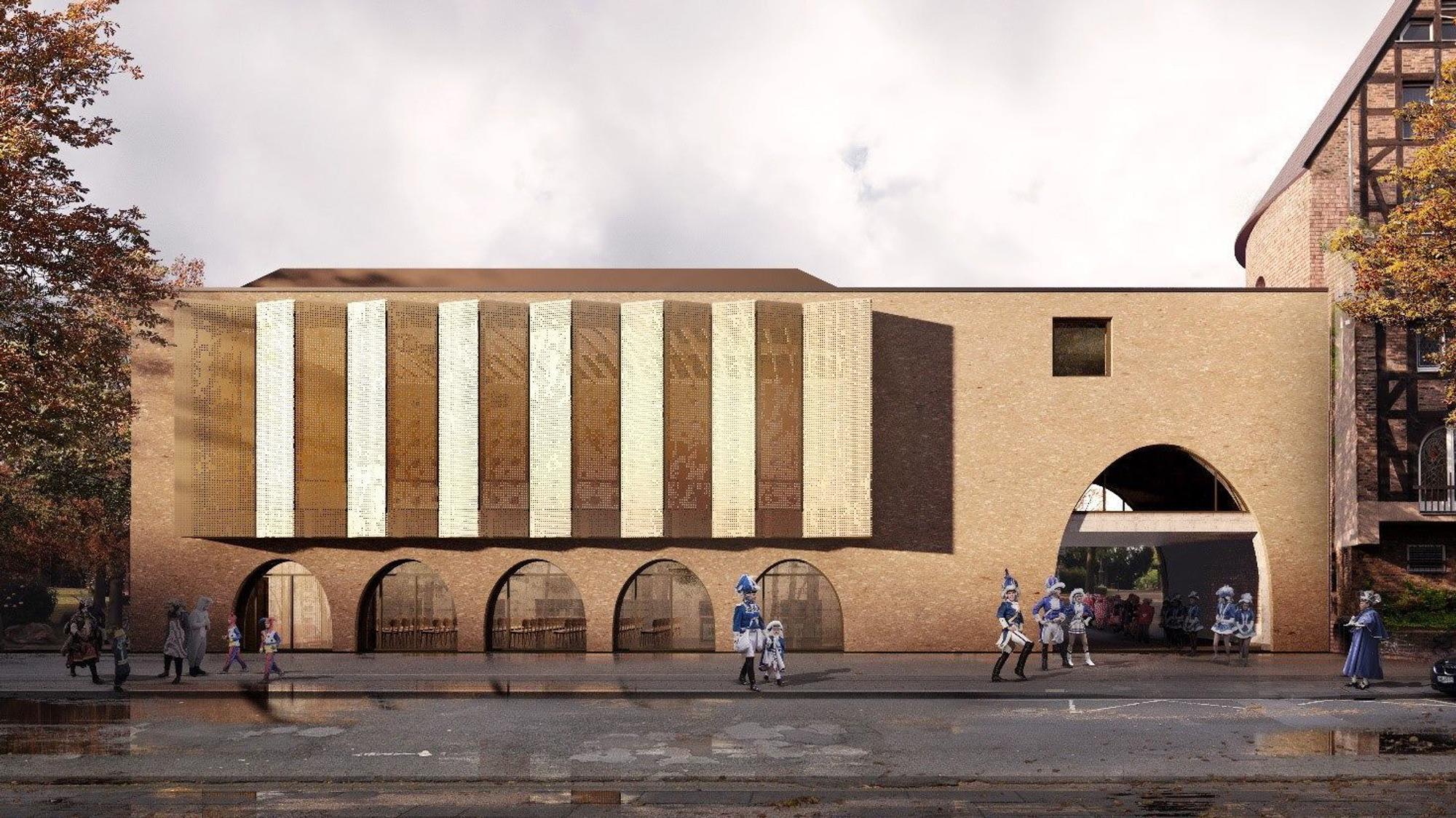 Der Erweiterungsbau am Sachsenturm hat große Rundfenster im Erdgeschoss und eine große, hervorstehende Fensterfront für den künftigen Veranstaltungssaal. Der Bau ist farblich der angrenzenden historischen Stadtmauer nachempfunden.