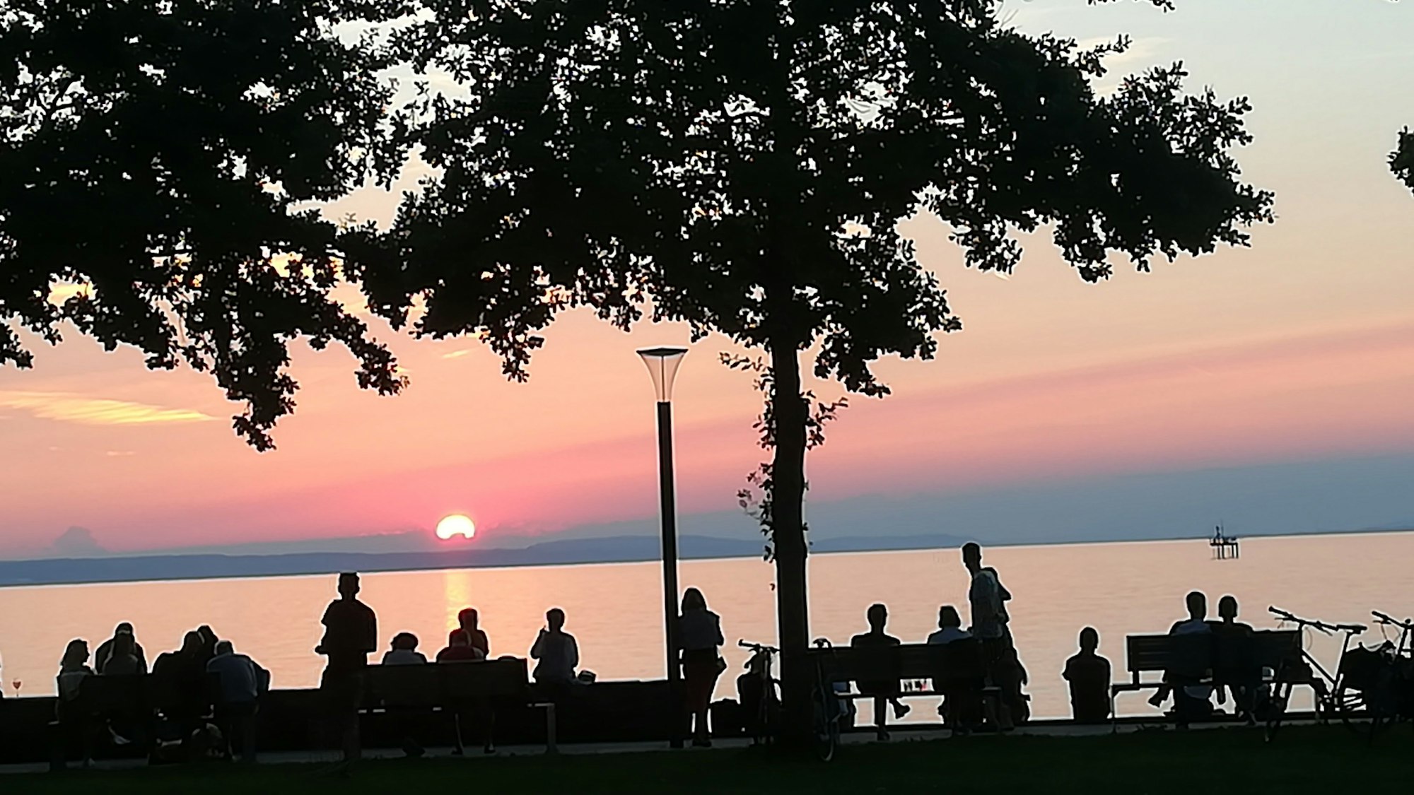 Am Bodensee stehen viele Menschen im Sonnenuntergang.