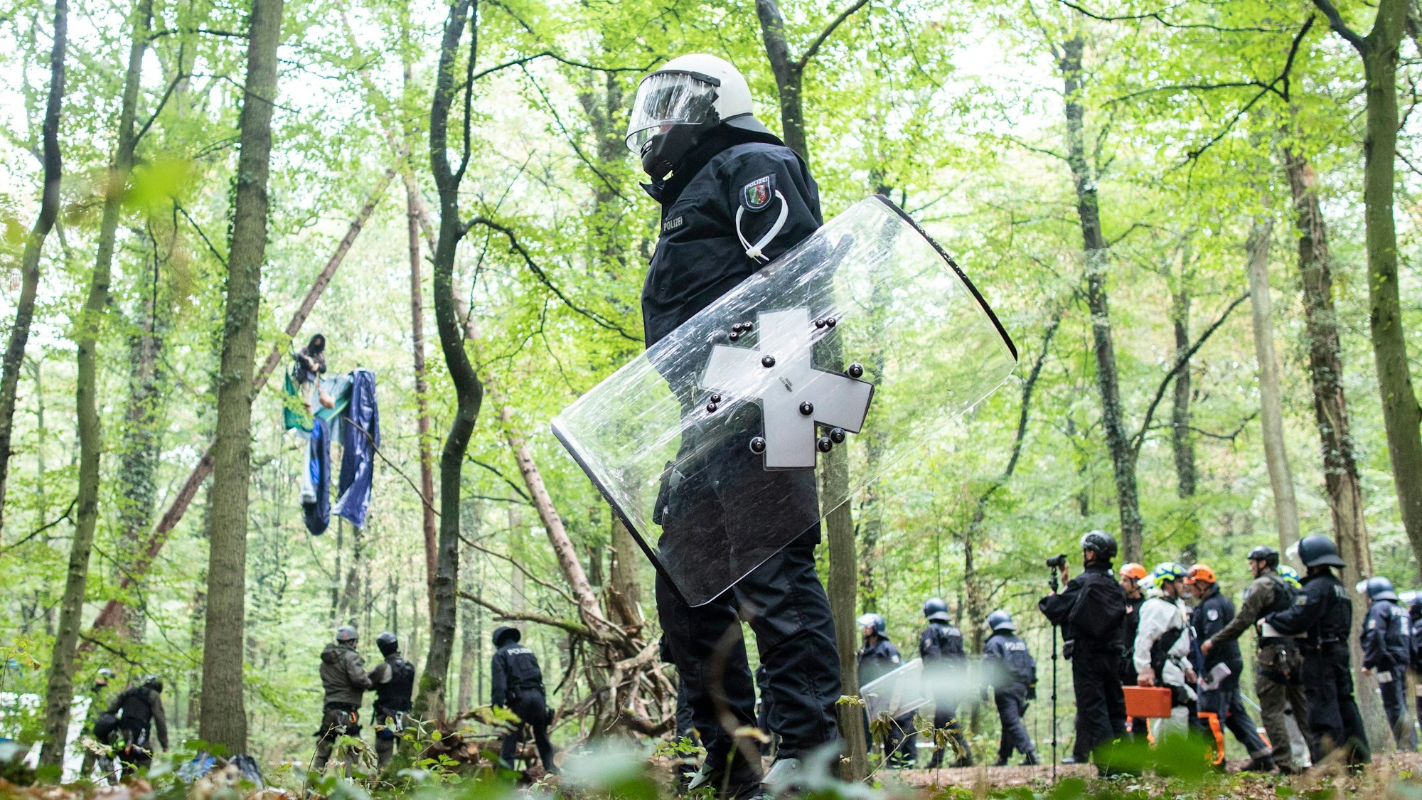 Polizisten stehen vor einer Barrikade im Hambacher Forst (Archivbild)