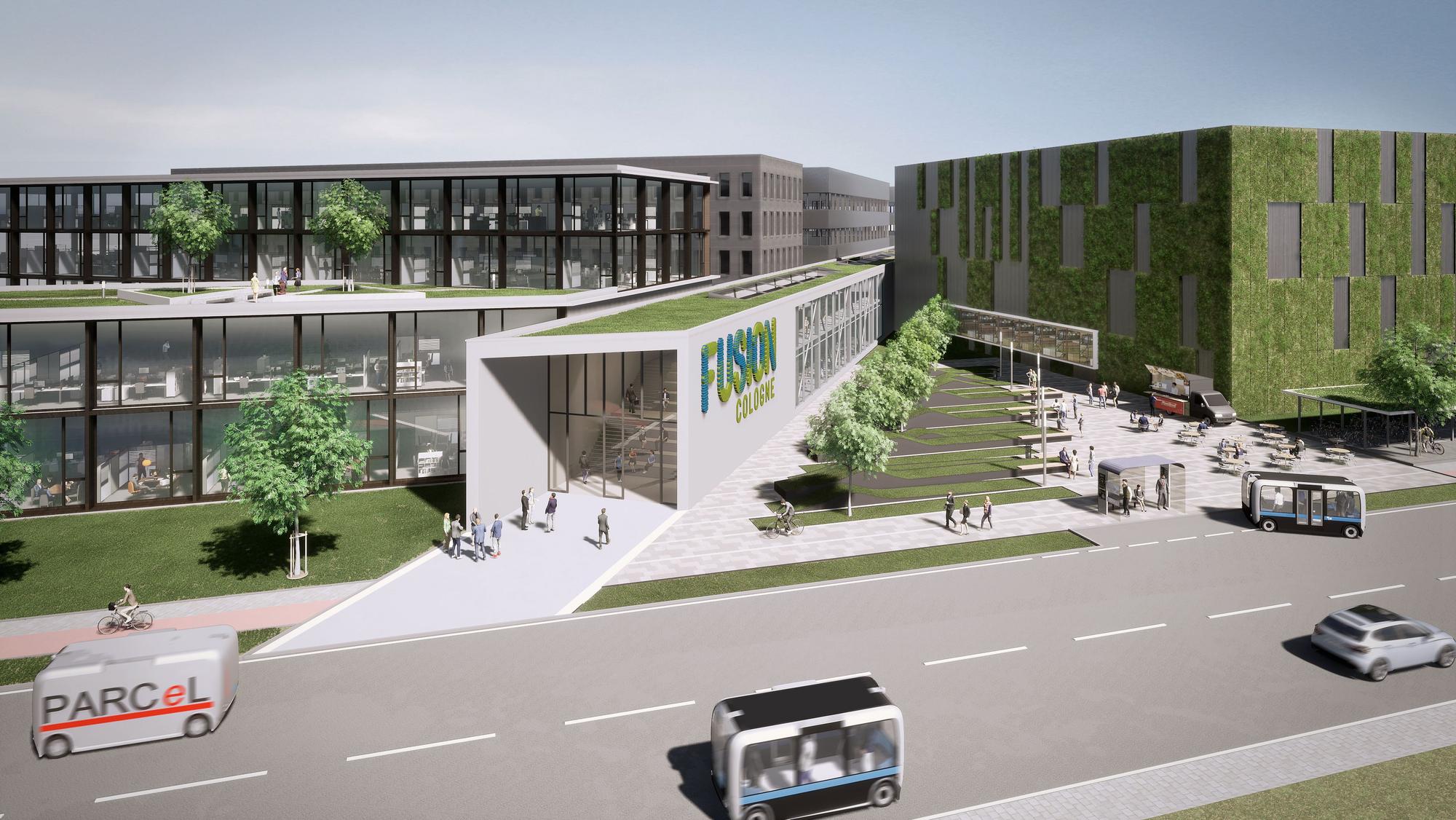 Eine Visualisierung des Industrieareals „Fusion Cologne“. Kastenartige Gebäude mit Glasfassaden und Begrünung stehen an einer Straße, auf der selbstfahrende Autos fahren.
