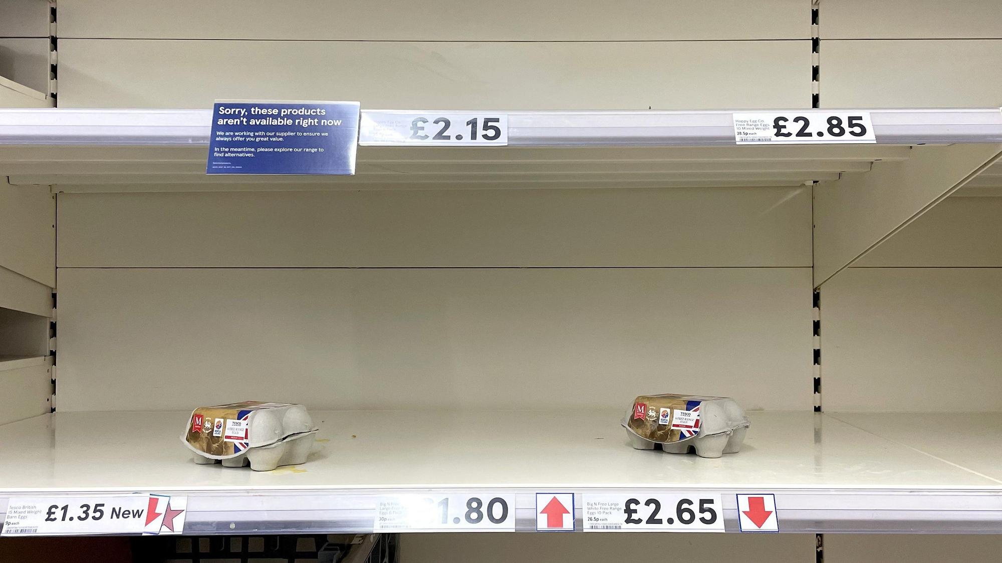 Leere Eierregale in einer Tesco-Filiale in Großbritannien
