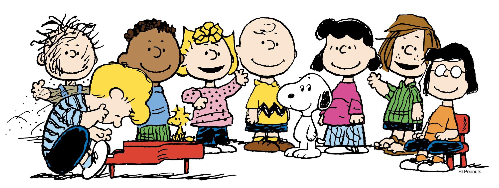HANDOUT - 21.11.2022, USA, Santa Rosa: Rerun Van Pelt (hinten, l-r), Franklin, Sally Brown, Charlie Brown, Snoopy, Lucy van Pelt, Peppermint Patty, Marcie, sowie Beethoven-Fan Schröder am Klavier und Vogel Woodstock - die berühmten Peanuts-Figuren von Schöpfer Charles M. Schulz.