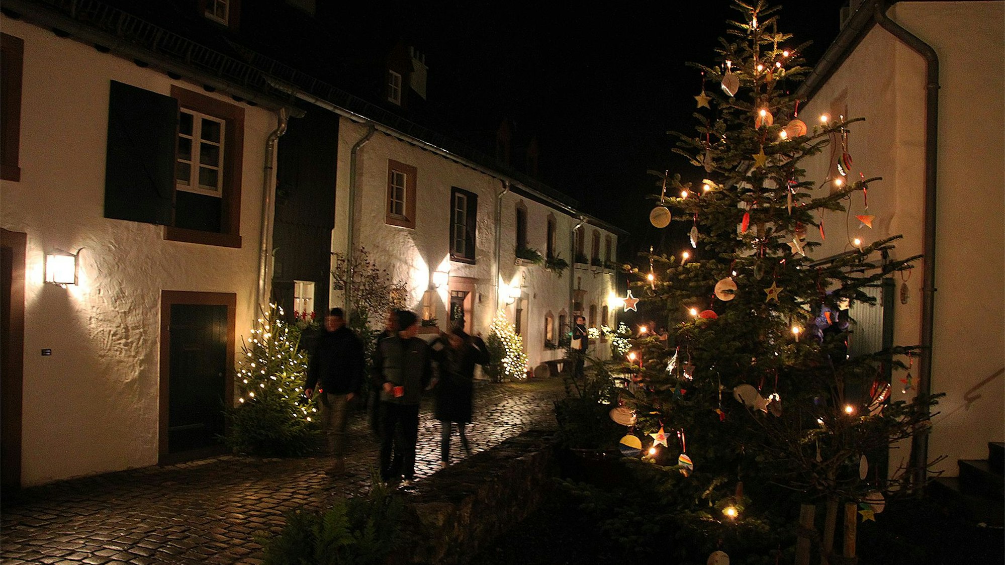 Mit Lichterketten geschmückte Weihnachtsbäume stehen in einer Gasse.