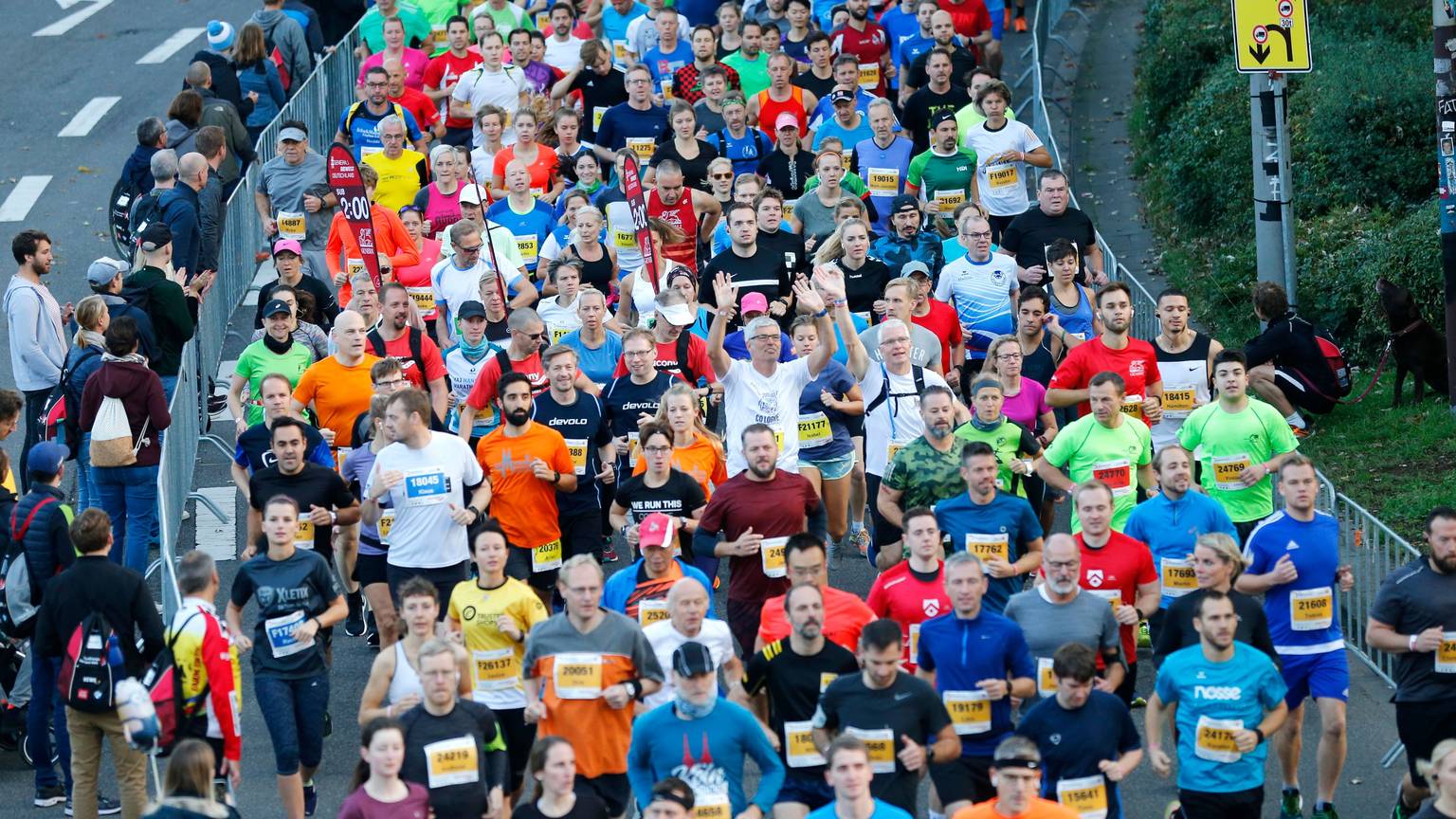 Läufer des Köln-Marathons laufen dicht an dicht über eine Straße