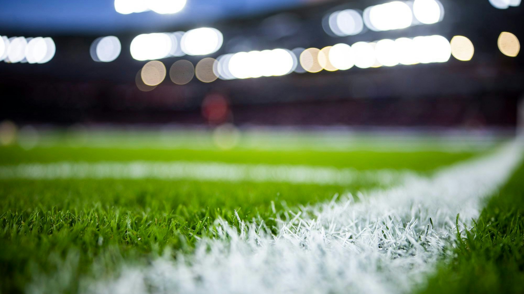 Die Seitenlinie eines Fußballplatzes ist in Nahaufnahme zu sehen. Im Hintergrund leuchten die hellen Scheinwerfer.