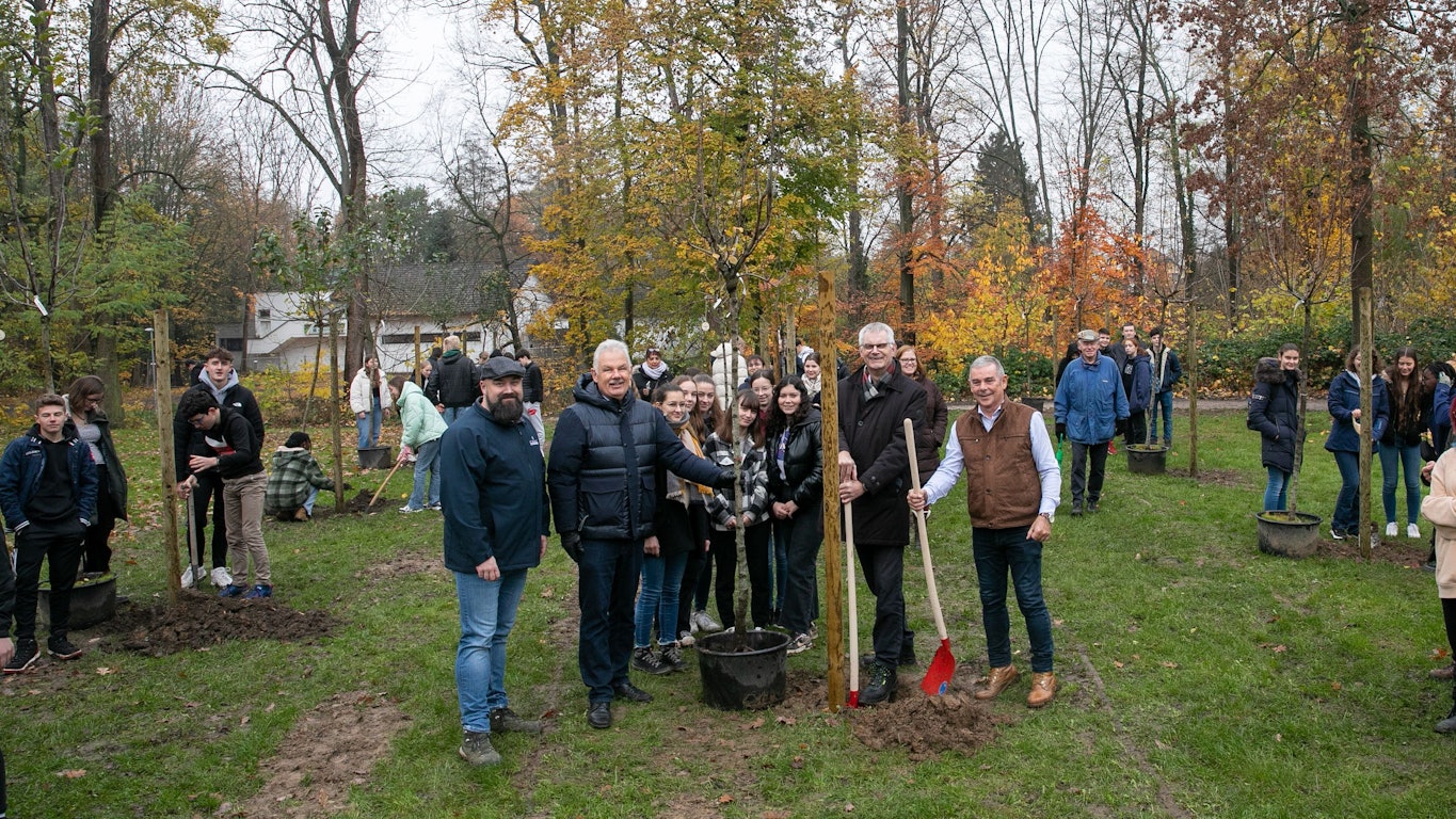 Deutsche und französische Schüler sowie Erwachsene aus beiden Partnerorten pflanzten im Rheinbacher Stadtpark gemeinsam Obstbäume ein.