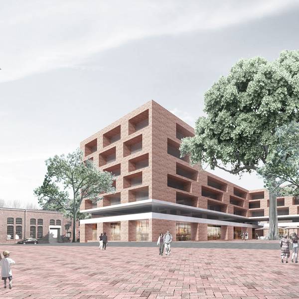 Eine Visualisierung der Architekten Trint und Kreuder des 2015 geplanten, 7-stöckigen Hochpunkts mit Gewerbe im Erdgeschoss und geklinkertem Wohnungsbau darüber im Lindgens-Areal des Bauprojekts Mülheimer Süden.