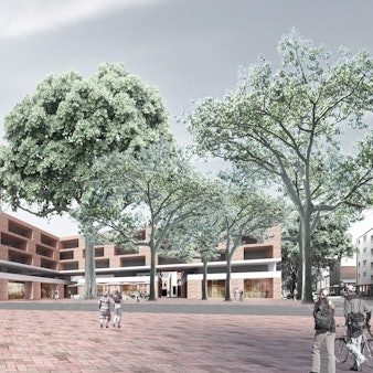 Eine Visualisierung der Architekten Trint und Kreuder des 2015 geplanten, 7-stöckigen Hochpunkts mit Gewerbe im Erdgeschoss und geklinkertem Wohnungsbau darüber im Lindgens-Areal des Bauprojekts Mülheimer Süden.