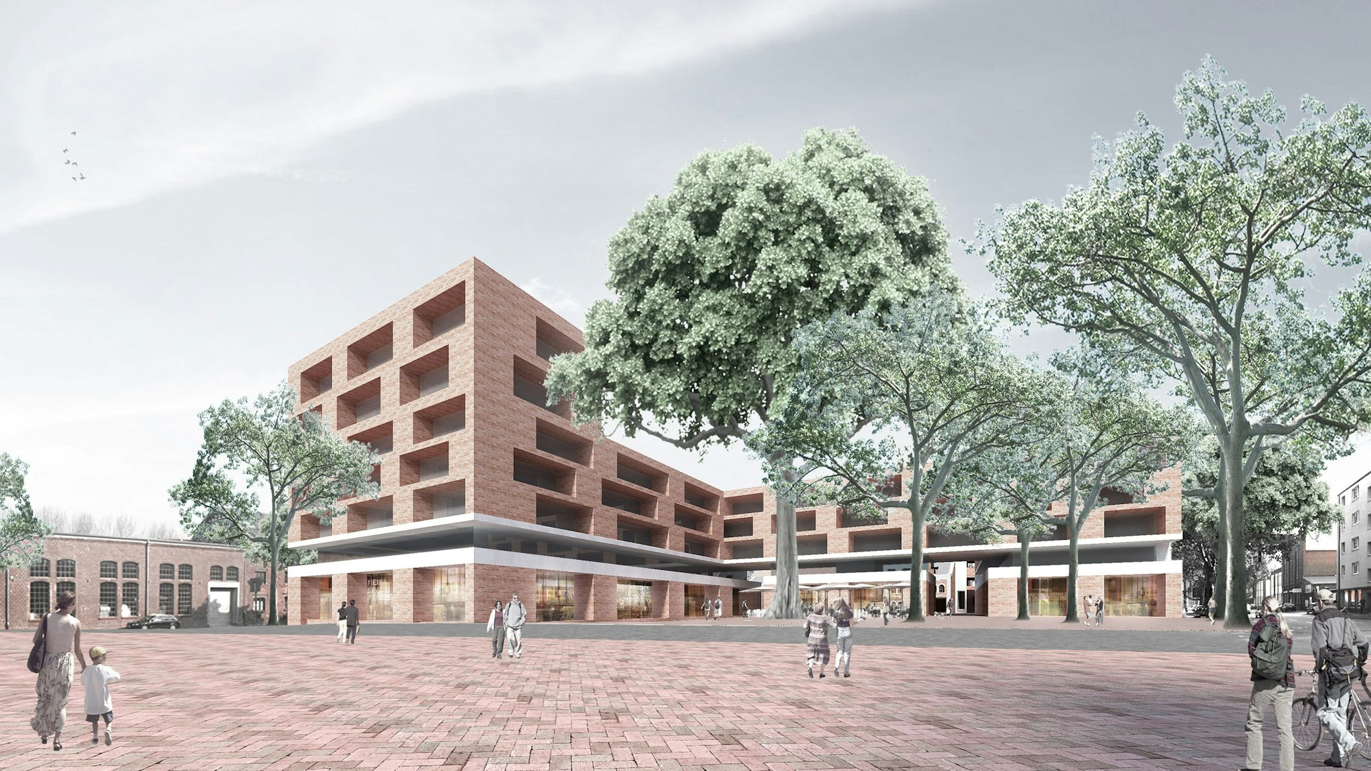 Eine Visualisierung der Architekten Trint und Kreuder des 2015 geplanten, 7-stöckigen Hochpunkts mit Gewerbe im Erdgeschoss und geklinkertem Wohnungsbau darüber im Lindgens-Areal des Bauprojekts Mülheimer Süden.