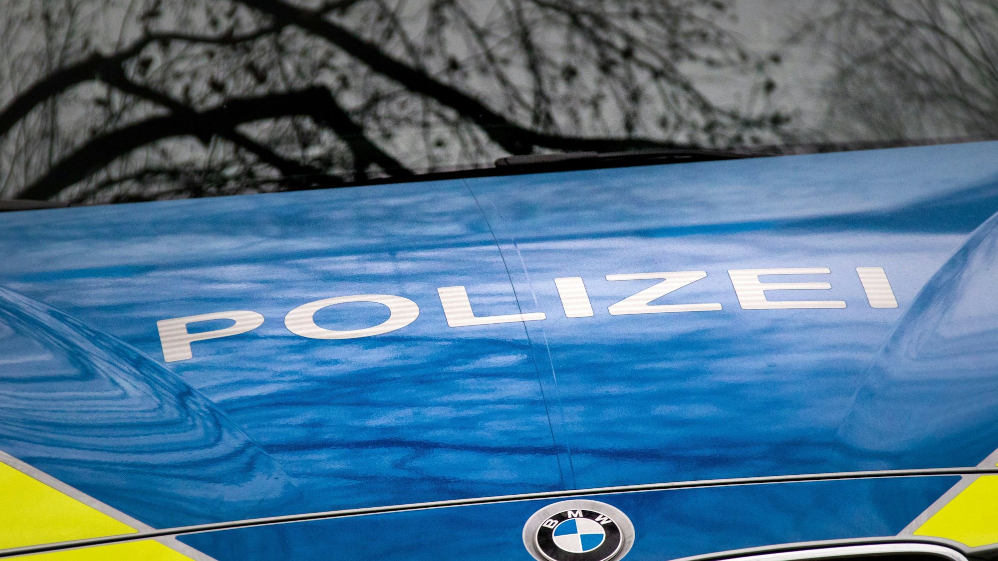 Der Schriftzug "Polizei" auf einem Streifenwagen.