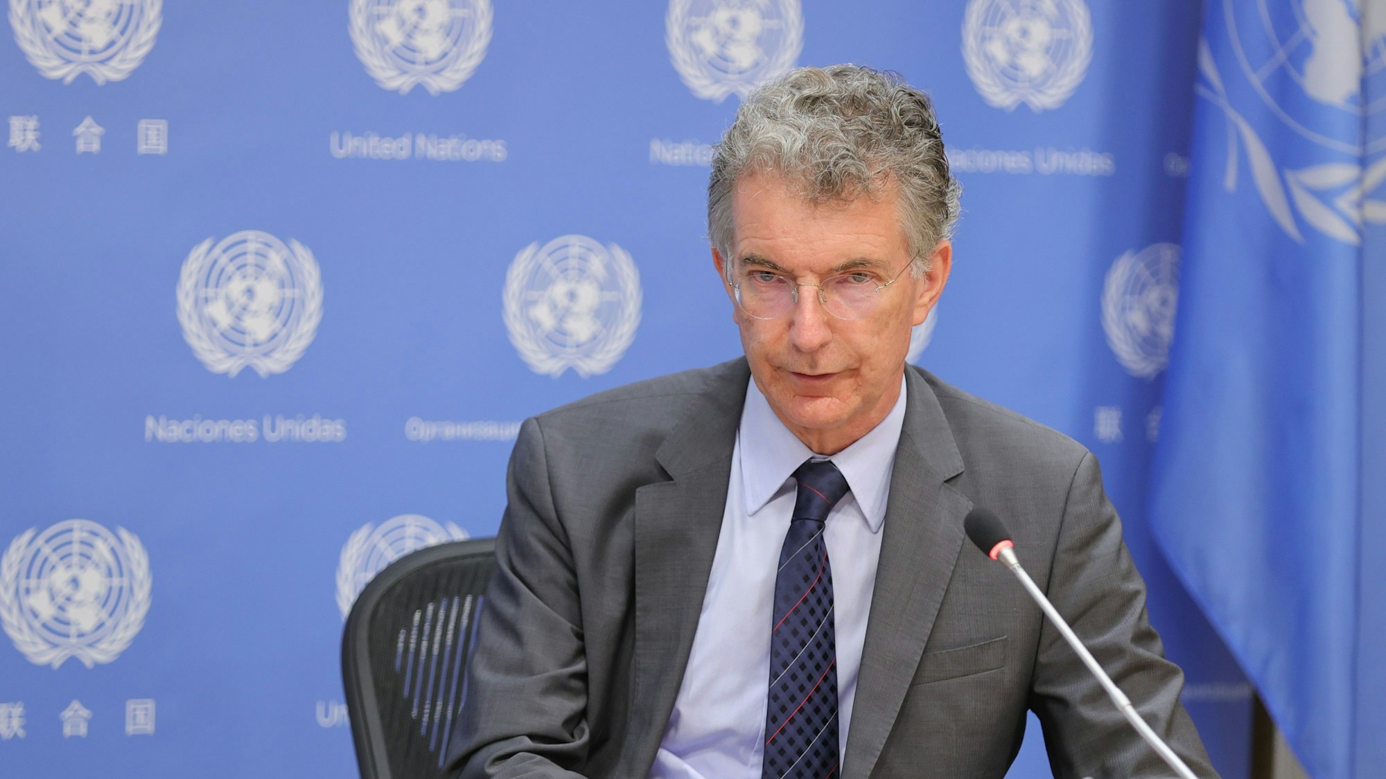 Christoph Heusgen, der ehemalige deutsche UN-Botschafter, gibt im UN-Hauptquartier in New York eine Pressekonferenz