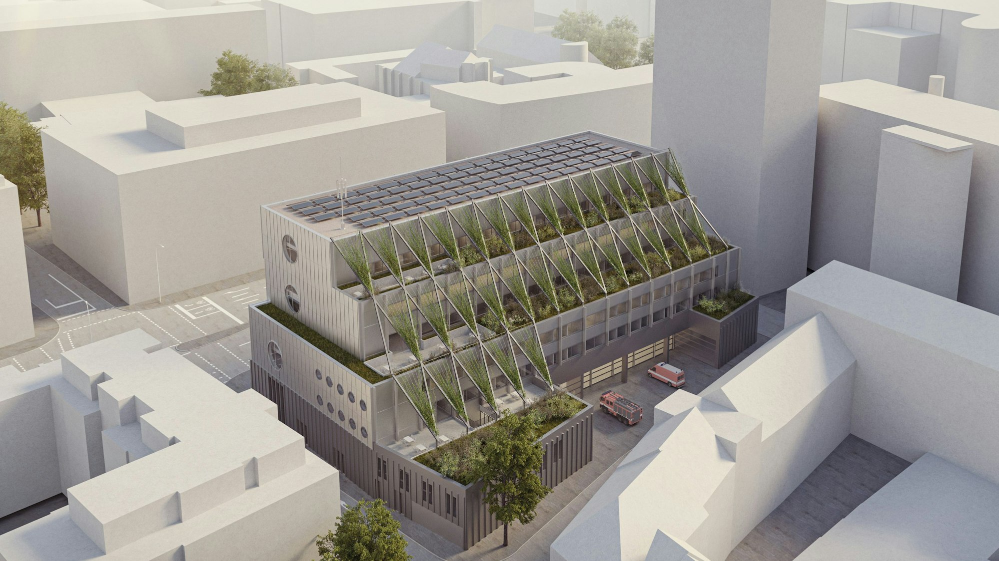 Der Blick von oben: Auffällig am Entwurf sind der terrassenförmige Bau und die Fassadenbegrünung.