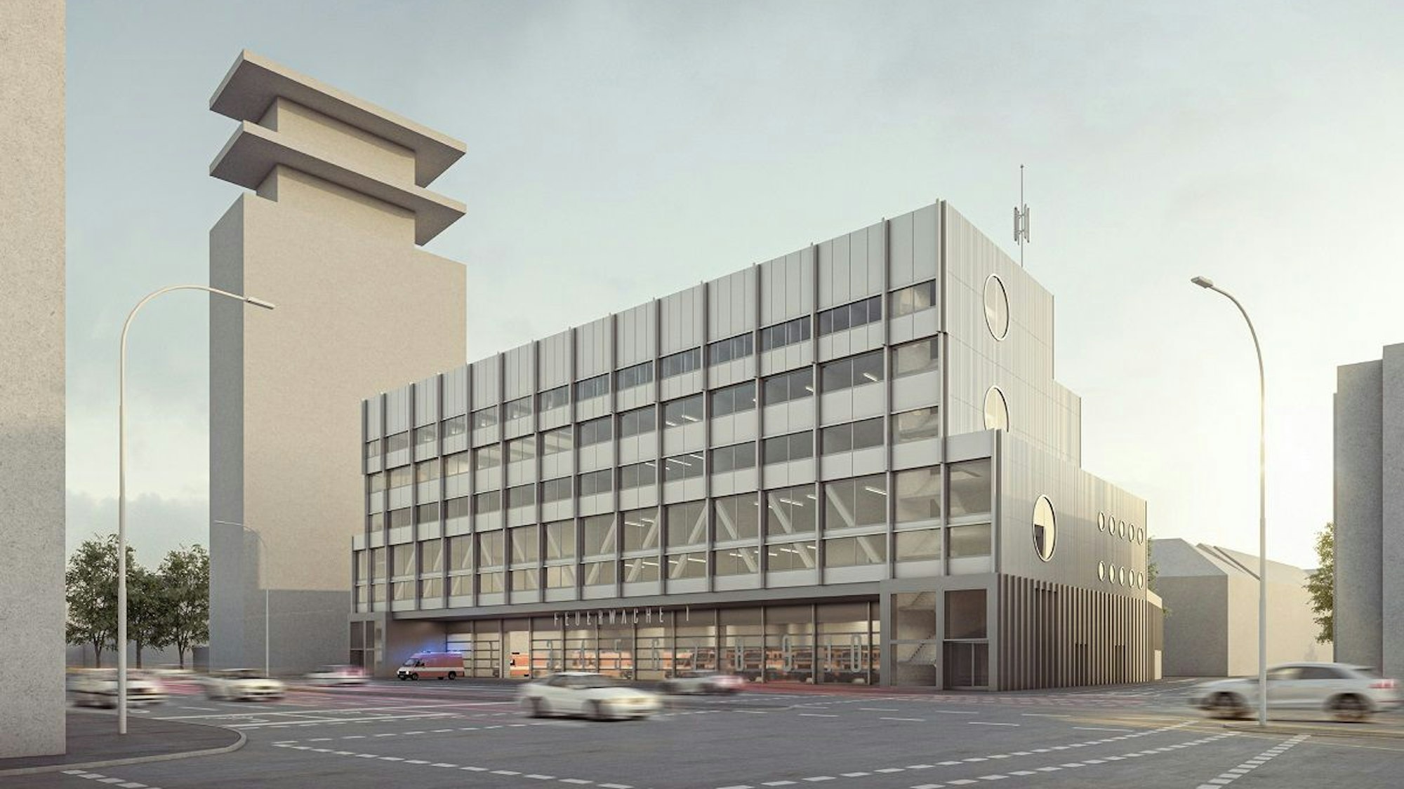 Die Visualisierung zeigt, wie die Feuerwache Innenstadt nach dem Neubau aussehen soll.