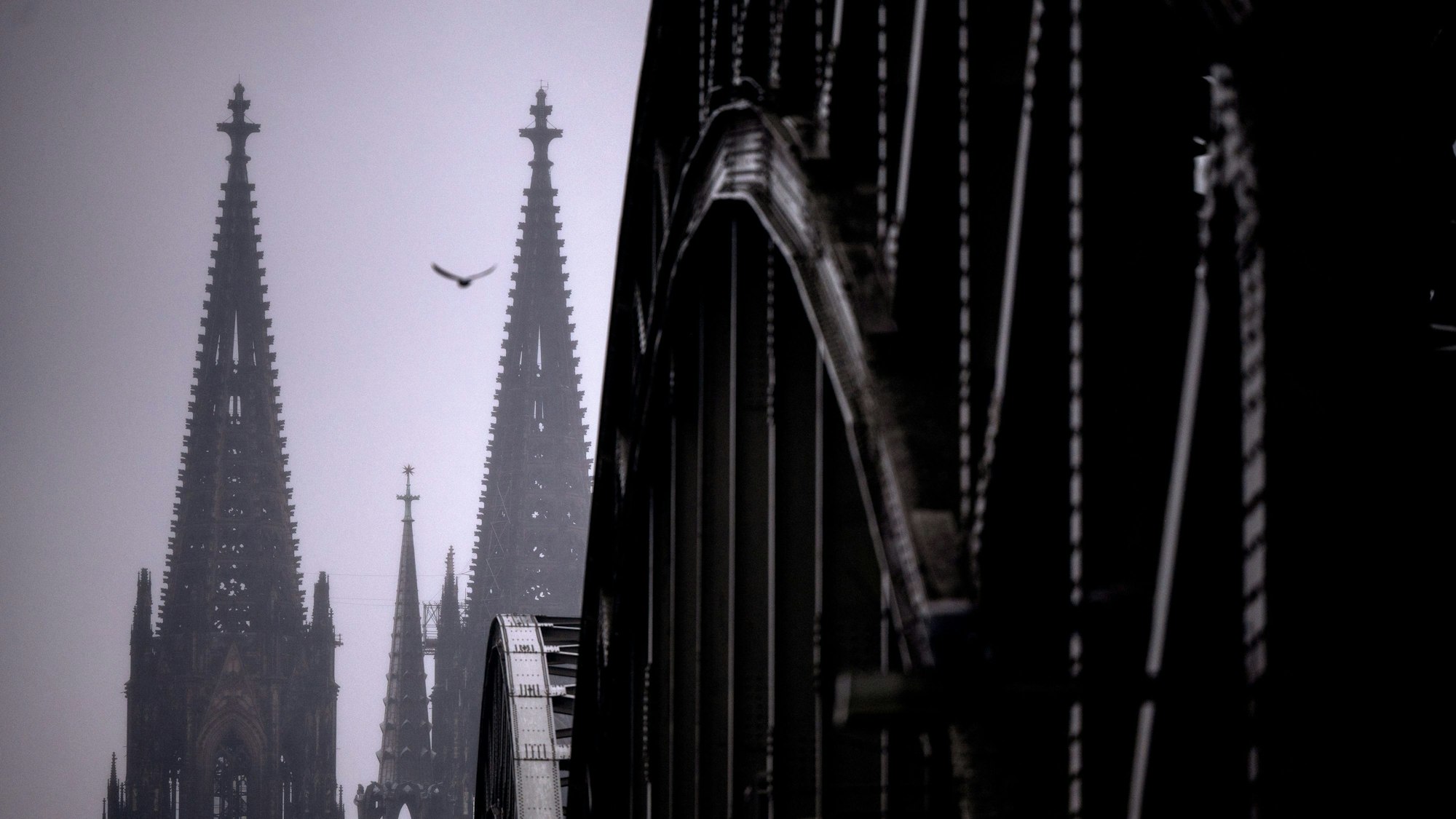 27.01.2022, Nordrhein-Westfalen, Köln: Im Dunst und im Nieselregen steht der Dom am Rheinufer.