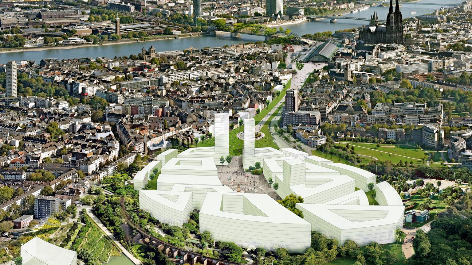 05.12.2022 Das Luftbild zeigt die Idee der Parkstadt Nord samt unterirdischem Regionalbahnhof Köln und der begrünten Hohenzollernbrücke mit Fuß- und Radwegen.