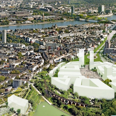 05.12.2022 Das Luftbild zeigt die Idee der Parkstadt Nord samt unterirdischem Regionalbahnhof Köln und der begrünten Hohenzollernbrücke mit Fuß- und Radwegen.