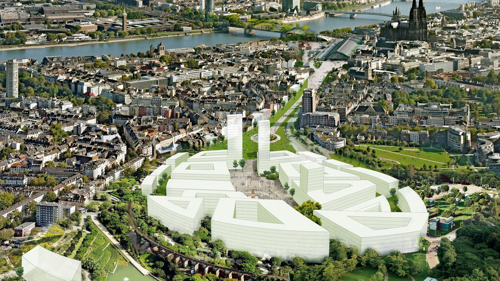 05.12.2022 Das Luftbild zeigt die Idee der Parkstadt Nord samt unterirdischem Regionalbahnhof Köln und der begrünten Hohenzollernbrücke mit Fuß- und Radwegen.