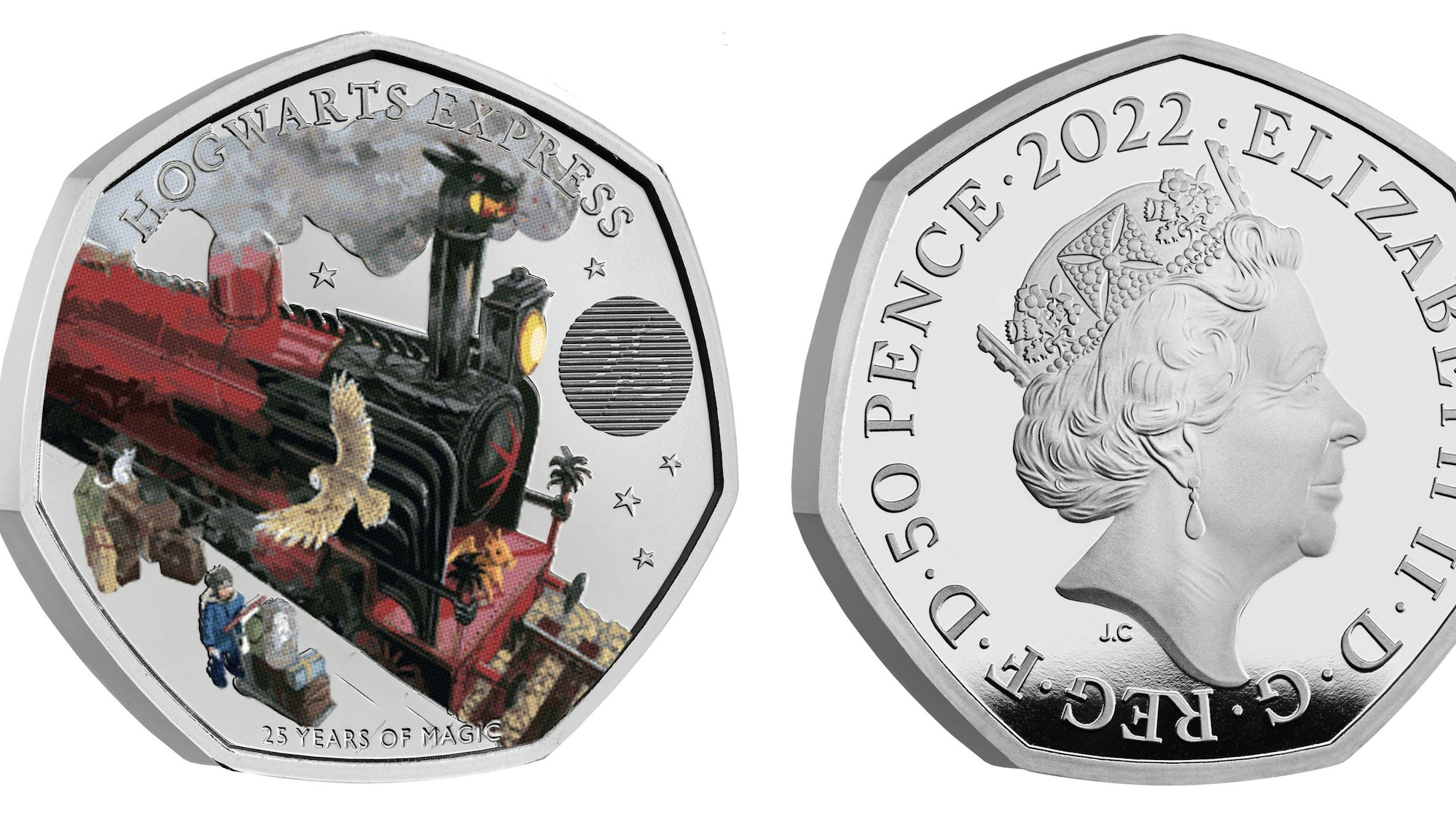 Dieses Foto zeigt die Rück- und Vorderseite einer der britische 50-Pence-Farbmünze aus der Harry Potter-Kollektion, die den Hogwarts Express zeigt.