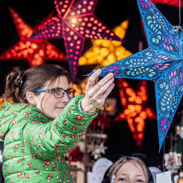 Leuchtenden Weihnachtssterne als Dekorationen gibt es auf dem Weihnachtsmarkt in Rheinbach.