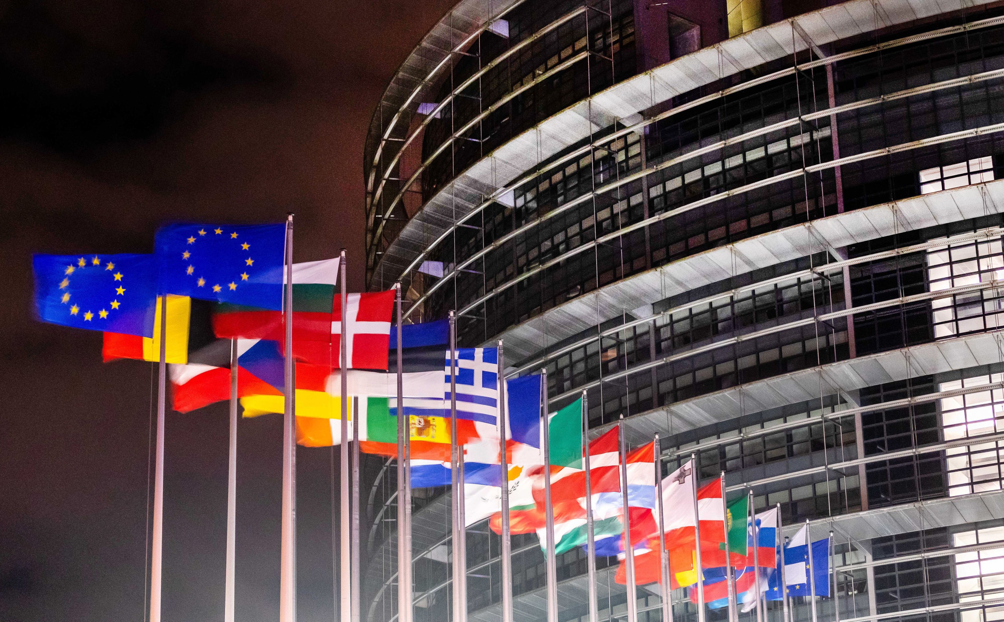 Die Flaggen der europäischen Mitgliedsstaaten wehen vor dem Gebäude des Europäischen Parlaments in Straßburg.