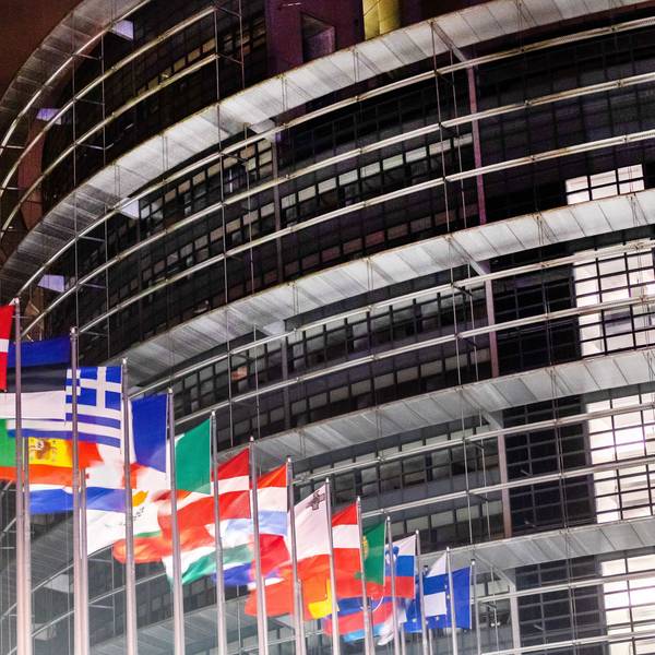 Die Flaggen der europäischen Mitgliedsstaaten wehen vor dem Gebäude des Europäischen Parlaments in Strasbourg.