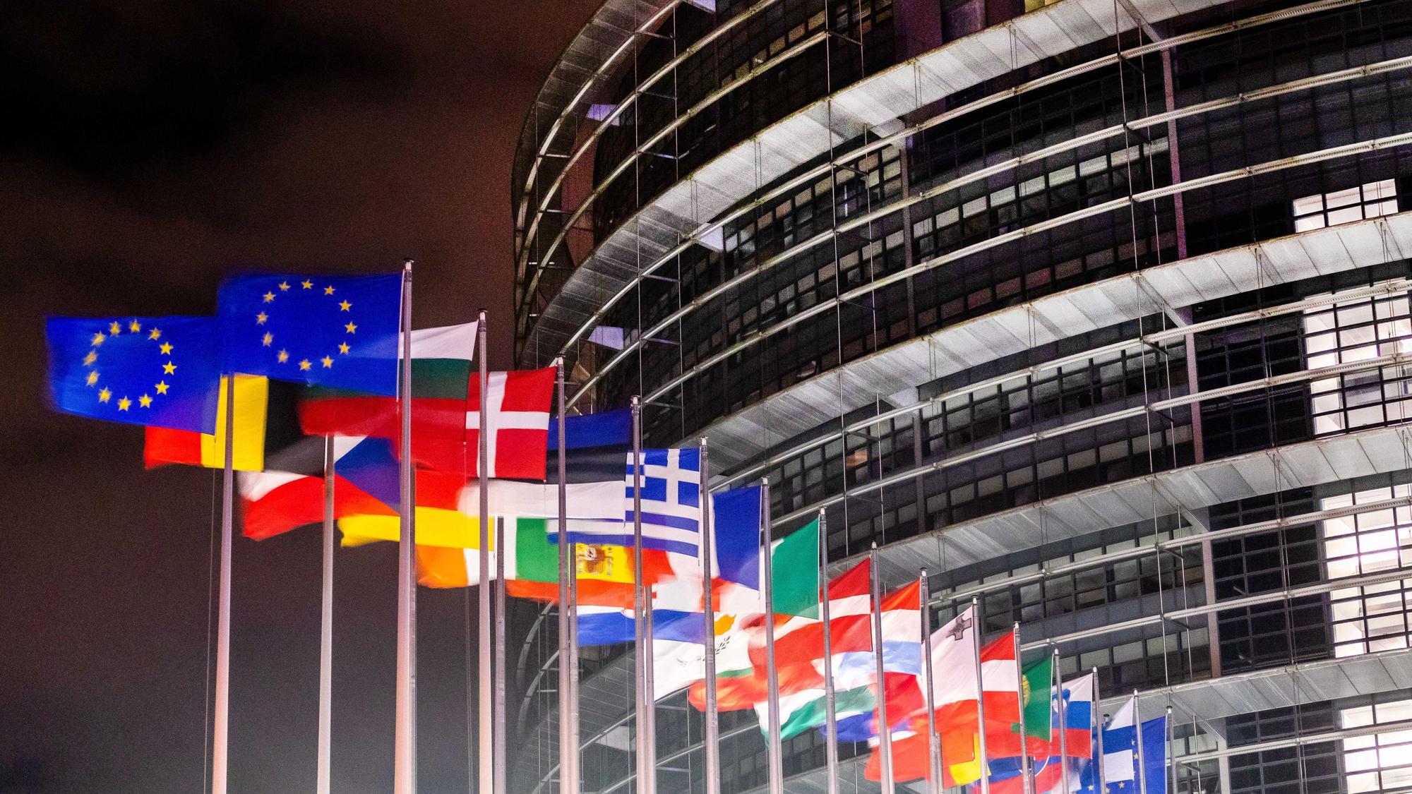 Die Flaggen der europäischen Mitgliedsstaaten wehen vor dem Gebäude des Europäischen Parlaments in Strasbourg.